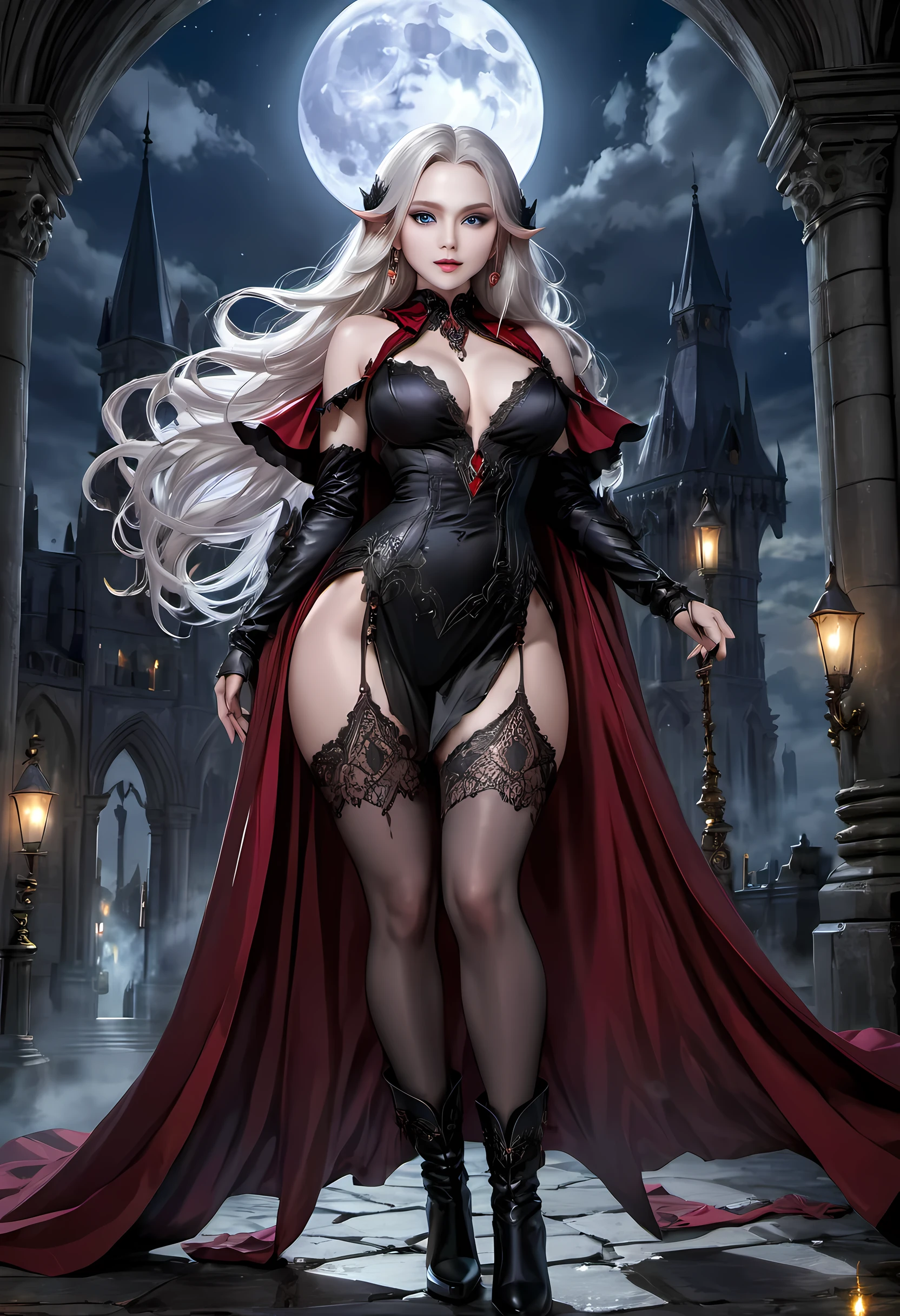 fantasy art, gothic art, (masterpiece:1.5), full body best details, highly detailed, best quality, Glowing Purple, highres, full body portrait of a vampire, elf (Masterpiece, best quality: 1.6), ultra feminine, wizard, (intricate details, Masterpiece, best quality: 1.5) with a long curvy hair, light color hair, blue eyes, (fantasy art, Masterpiece, best quality), ((beautiful delicate face)), Ultra Detailed Face (intricate details, fantasy art, Masterpiece, best quality: 1.5), [[vampiric fangs 1.5]] (red cloak: 1.3) , flowing cloak (intricate details, fantasy art, Masterpiece, best quality: 1.3), wearing an intricate black dress (intricate details, fantasy art, Masterpiece, best quality: 1.5), high heeled boots, urban background (intense details, beat details), fantasy, at night light, natural ,moon light, clouds, gothic atmosphere, soft light, dynamic light, [[anatomically correct]], high details, best quality, 8k, [ultra detailed], masterpiece, best quality, (extremely detailed), dynamic angle