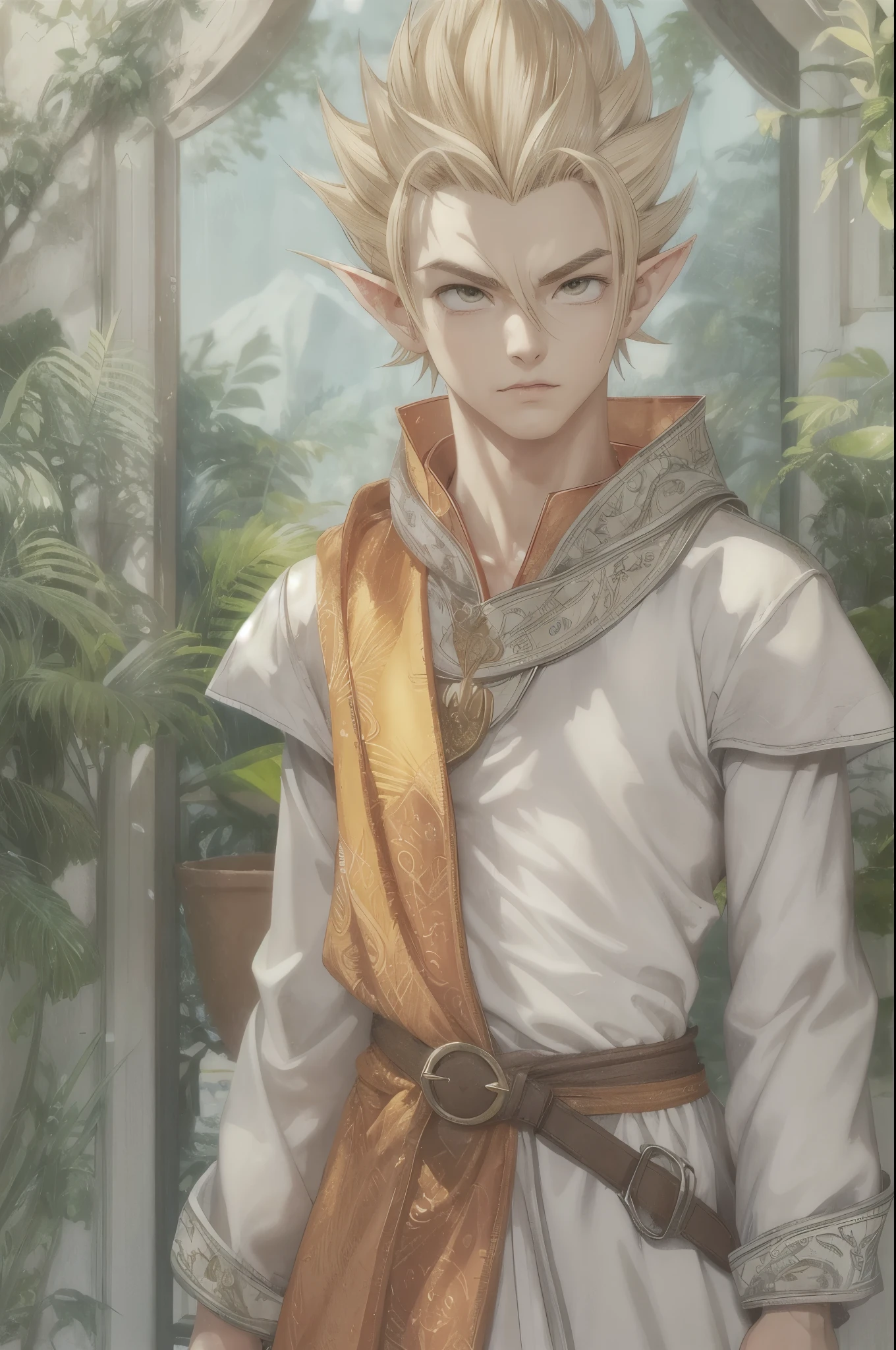 (master piece), 8k, best quality, panoramic view, full body, elf boy, childlike appearance, male, teenager, , 1.70 meters tall, white skin, thin body, pointed elf ears, beautiful finely detailed silver eyes, high forehead, spiky yellow blonde hair like Gohan from the anime dragon ball (super sayajin), incredibly handsome, conservative elven clothing, conservative posture, standing, calm appearance,