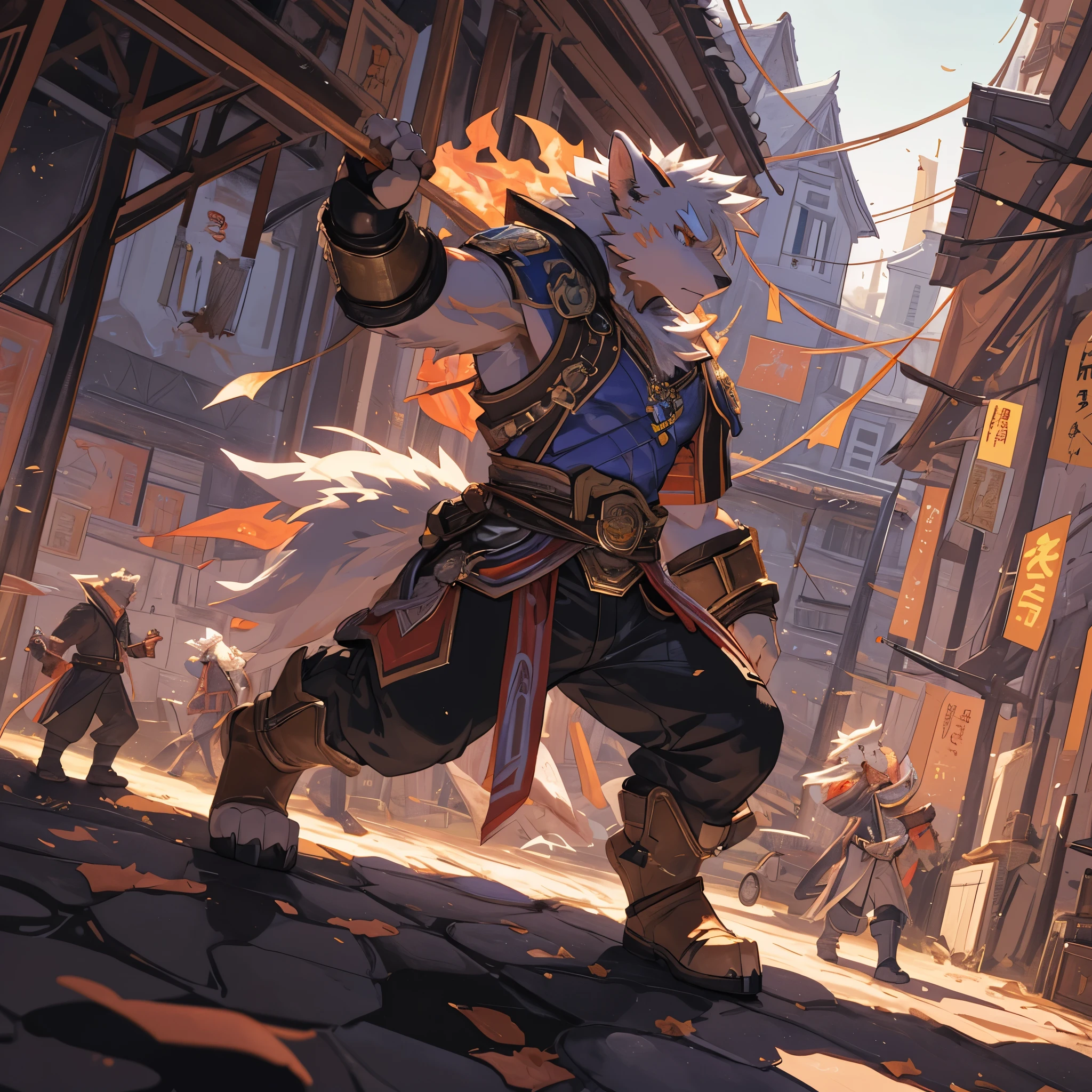 top quality, high-quality illustrations((masterpiece))depth of field, motion blur, absurdres, Perfect Anatomy, magnificent picture of kemono fighting fierce battles, kemono, Anthro((dramatic))epic, weapon, Acrobat, One scene of movie,