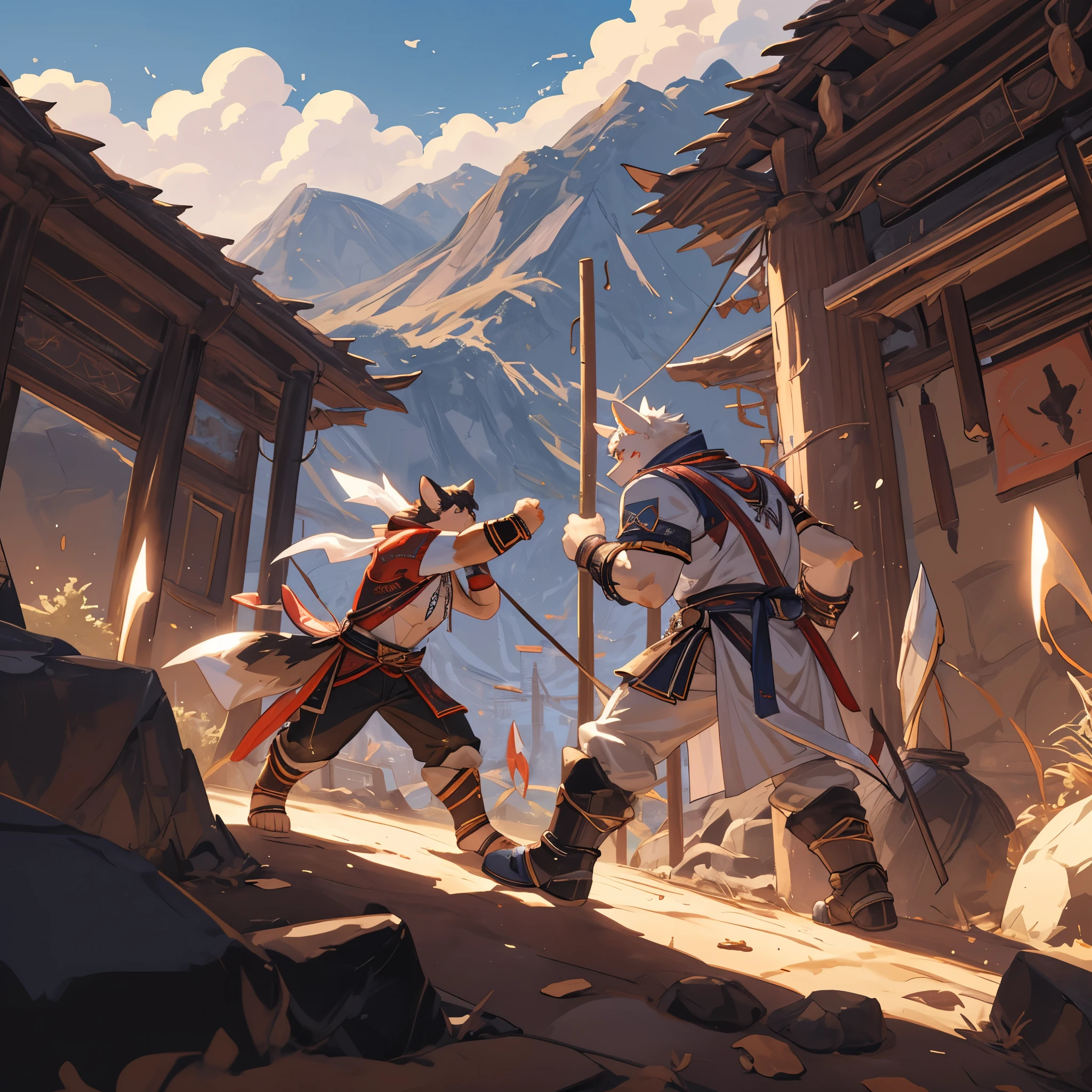 top quality, high-quality illustrations((masterpiece))depth of field, motion blur, absurdres, Perfect Anatomy, magnificent picture of kemono fighting fierce battles, kemono, Anthro((dramatic))epic, weapon, Acrobat, One scene of movie,