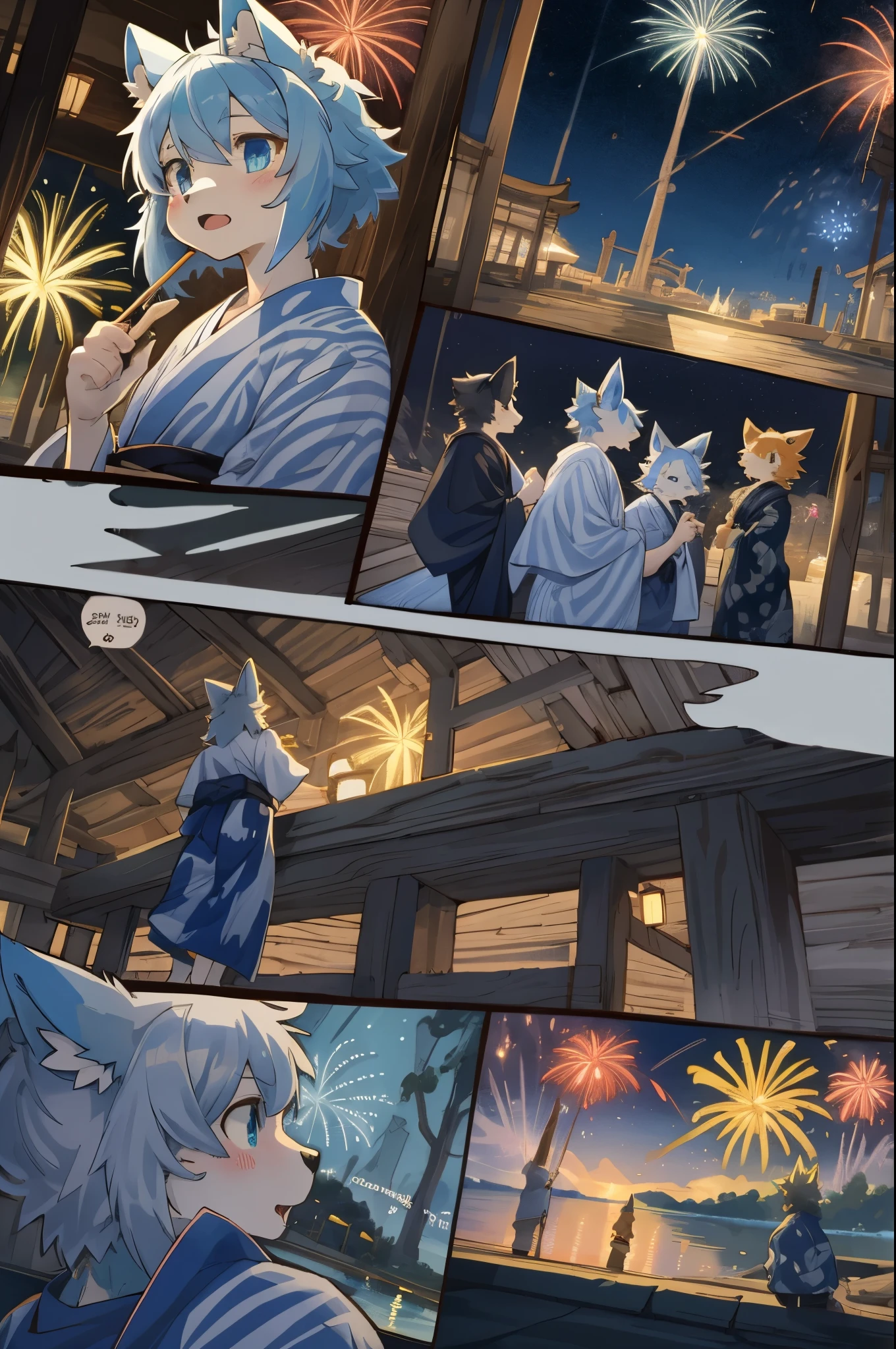 top quality, best quality, highres, masterpiece, super high resolution, detailed background, lake, nigh sky, firework, japanese yukata, 6+boys, 6+girls, absurdres(highly detailed beautiful face and eyes)perfect anatomy, good lighting, cinematic shadow(kemono, furry anthro)assorted expressions, assorted poses, assorted angles, full body, upper shot, dynamic angle(girls comic-like panel layouts, speech balloon, English text, Hand-drawn sound effects stickers used in girls comic),