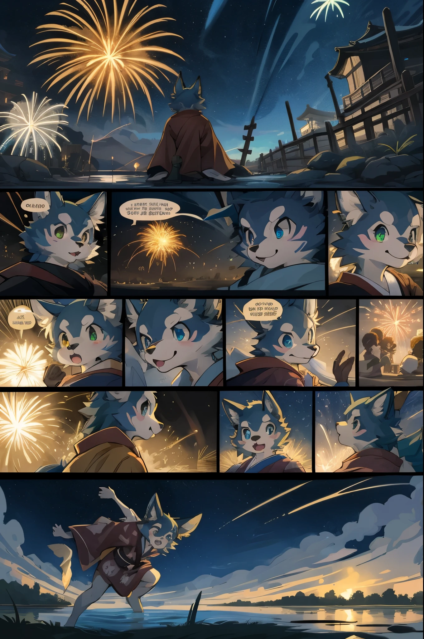 top quality, best quality, highres, masterpiece, super high resolution, detailed background, lake, nigh sky, firework, japanese yukata, 6+boys, 6+girls, absurdres(highly detailed beautiful face and eyes)perfect anatomy, good lighting, cinematic shadow(kemono, furry anthro)assorted expressions, assorted poses, assorted angles, full body, upper shot, dynamic angle(girls comic-like panel layouts, speech balloon, English text, Hand-drawn sound effects stickers used in girls comic),