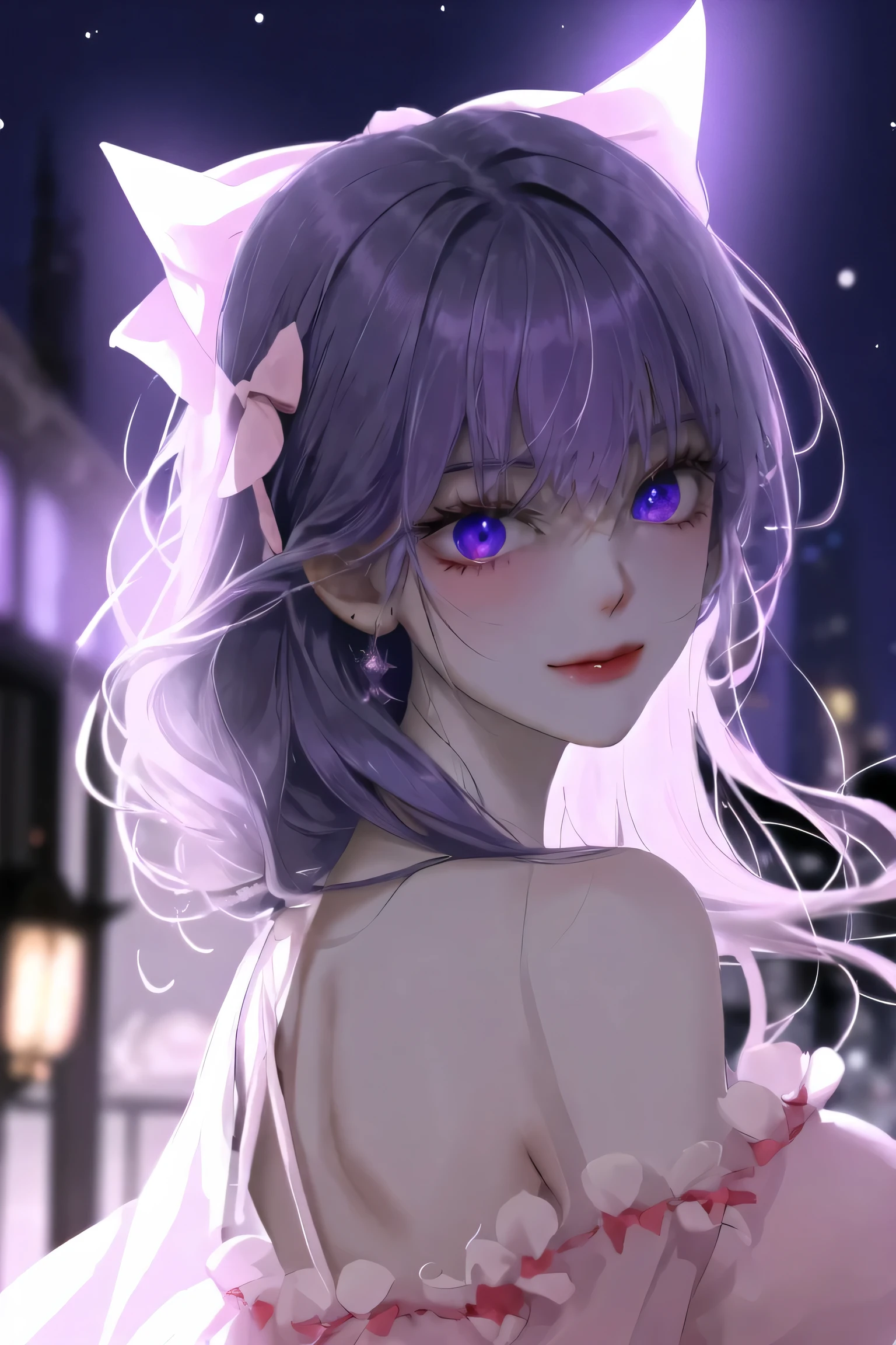 (extremely delicate and beautiful:1.2),1girl,fashi-girl, bangs, blue eyes, blurry, blurry background, bow, purple hair, closed mouth, from side, hair between eyes, hair bow, lantern, light particles, long sleeves, looking at viewer, medium hair, night, red bow, solo, star \(symbol\), upper body,smile,red lips