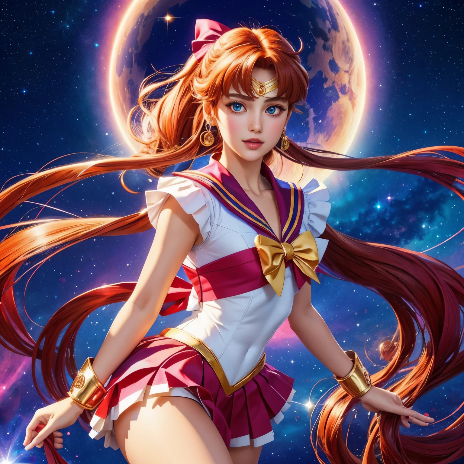 Create a stunning artwork of Sailor Moon with intricate details, vibrant colors, and dynamic poses. Incorporate elements of Sailor Moon's iconic outfit, such as the sailor collar and bow, while showing christmas aspects. Show her in a powerful and confident pose, with mesmerizing eyes and flowing hair. Enhance the image with celestial backgrounds, cosmic effects, and a touch of magic. Ensure the artwork is of the highest quality, with exquisite attention to detail and flawless execution.