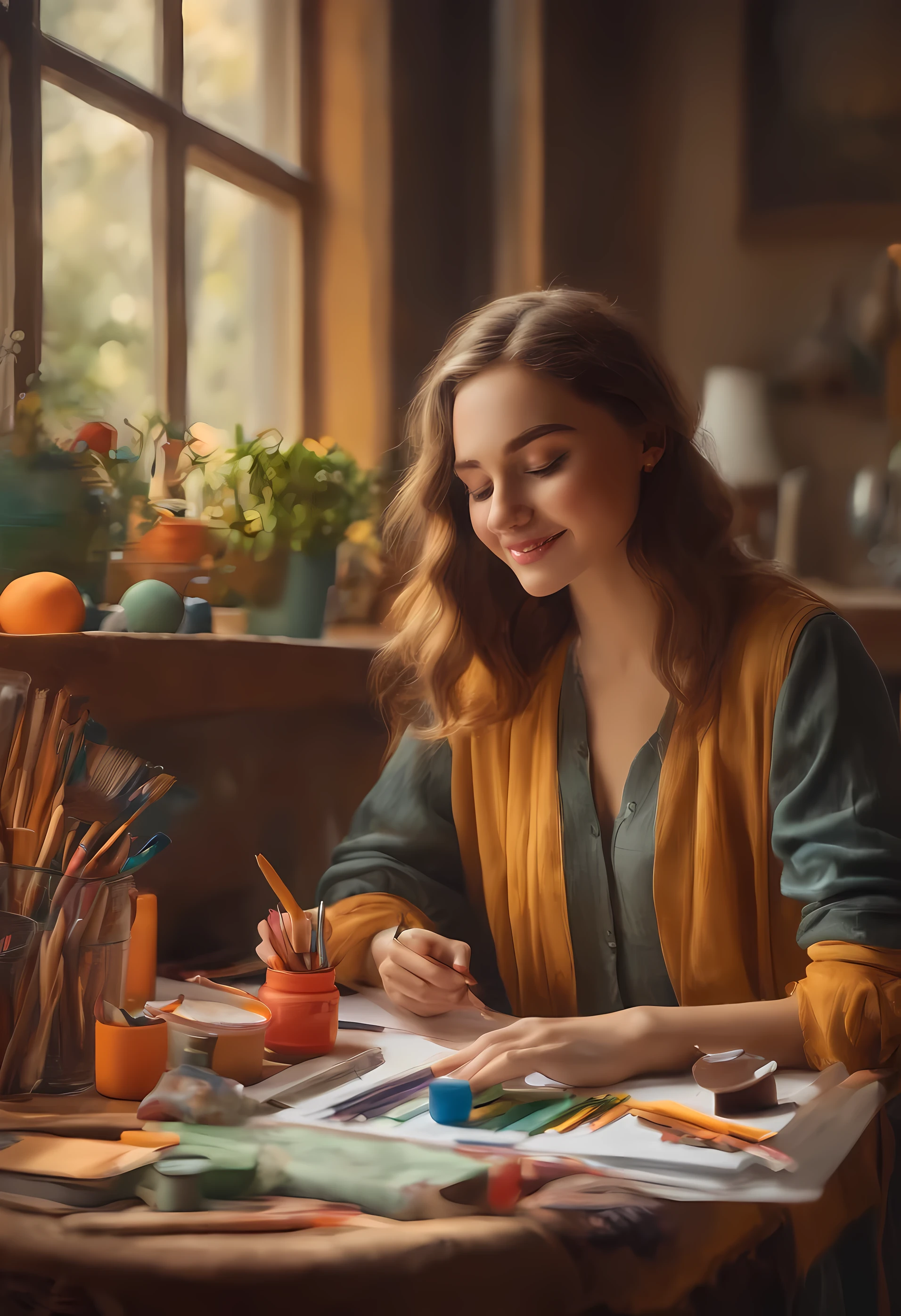 A creative scene about colors and fine arts students drawing, happy and cheerful