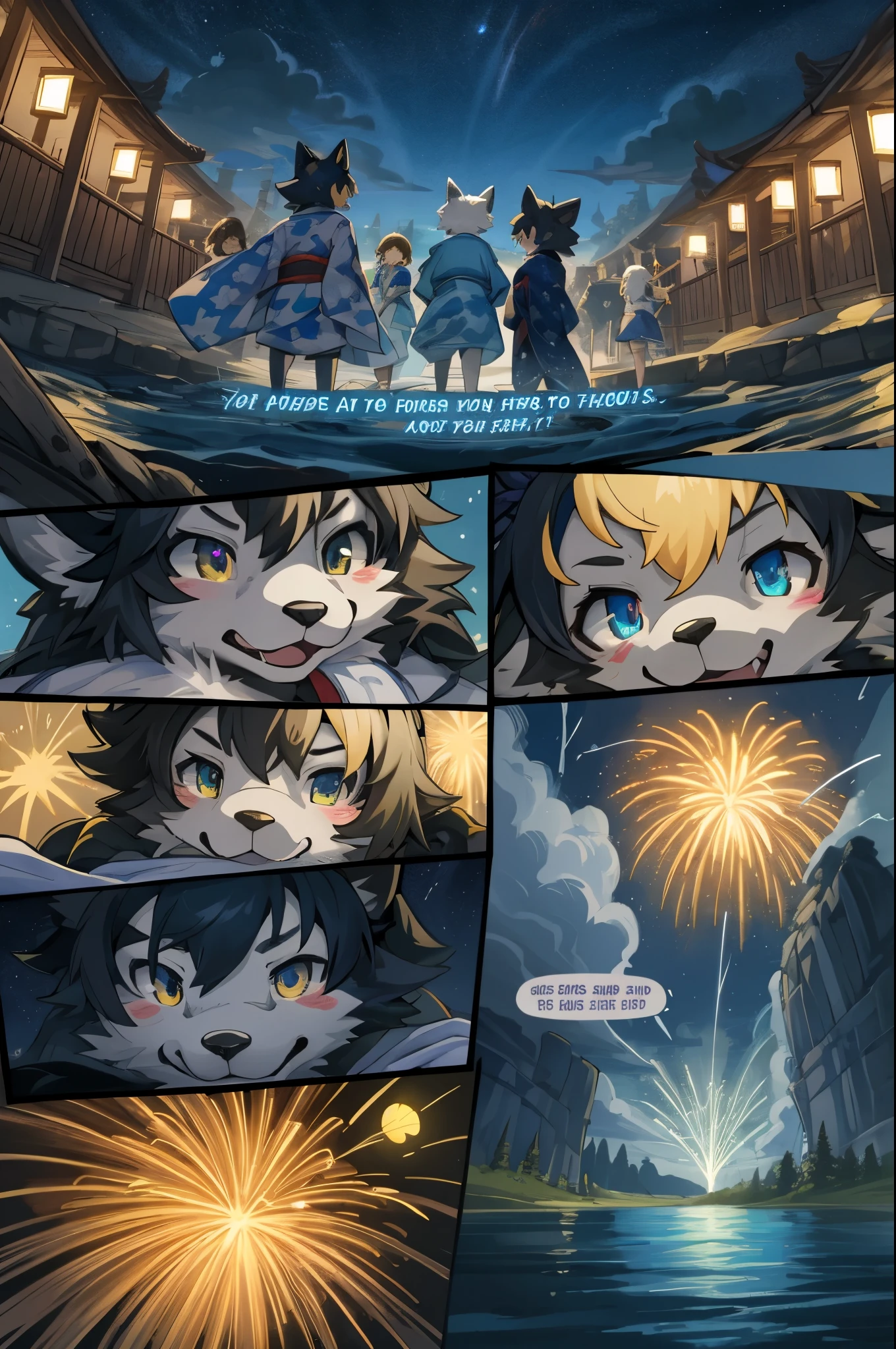 top quality, best quality, highres, masterpiece, super high resolution, detailed background, lake, nigh sky, firework, japanese yukata, 6+boys, 6+girls, absurdres(highly detailed beautiful face and eyes)perfect anatomy, good lighting, cinematic shadow(kemono, furry anthro)assorted expressions, assorted poses, assorted angles, full body, upper shot, dynamic angle(girls comic-like panel layouts, speech balloon, English text, Hand-drawn sound effects stickers used in girls comic),