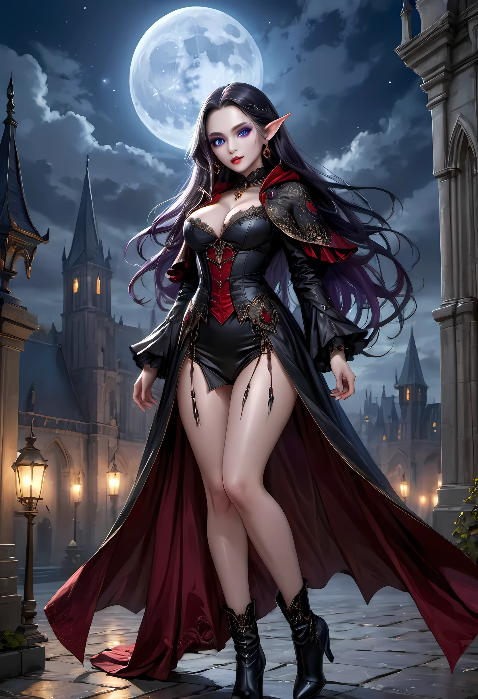 fantasy art, gothic art, (masterpiece:1.5), full body best details, highly detailed, best quality, Glowing Purple, highres, full body portrait of a vampire, elf (Masterpiece, best quality: 1.6), ultra feminine, wizard, (intricate details, Masterpiece, best quality: 1.5) with a long curvy hair, light color hair, blue eyes, (fantasy art, Masterpiece, best quality), ((beautiful delicate face)), Ultra Detailed Face (intricate details, fantasy art, Masterpiece, best quality: 1.5), [[vampiric fangs 1.5]] (red cloak: 1.3) , flowing cloak (intricate details, fantasy art, Masterpiece, best quality: 1.3), wearing an intricate black dress (intricate details, fantasy art, Masterpiece, best quality: 1.5), high heeled boots, urban background (intense details, beat details), fantasy, at night light, natural ,moon light, clouds, gothic atmosphere, soft light, dynamic light, [[anatomically correct]], high details, best quality, 8k, [ultra detailed], masterpiece, best quality, (extremely detailed), dynamic angle
