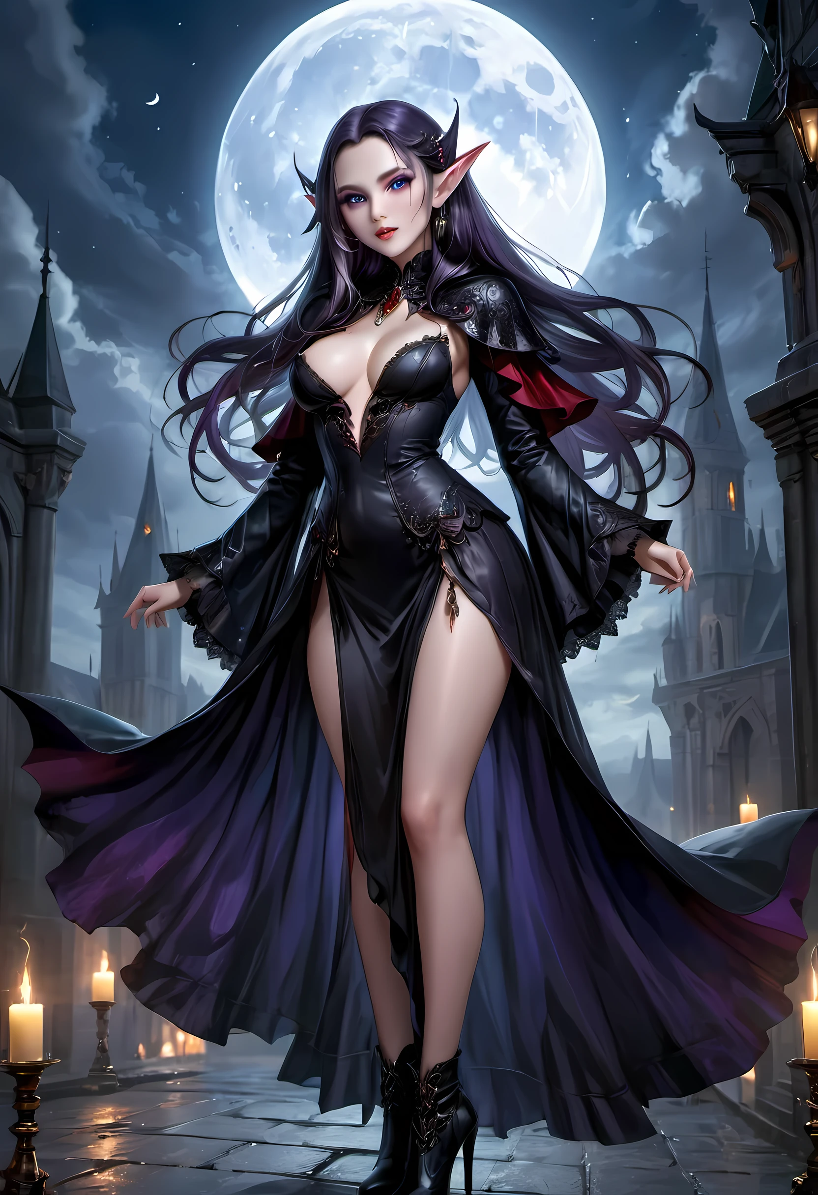 fantasy art, gothic art, (masterpiece:1.5), full body best details, highly detailed, best quality, Glowing Purple, highres, full body portrait of a vampire, elf (Masterpiece, best quality: 1.6), ultra feminine, wizard, (intricate details, Masterpiece, best quality: 1.5) with a long curvy hair, light color hair, blue eyes, (fantasy art, Masterpiece, best quality), ((beautiful delicate face)), Ultra Detailed Face (intricate details, fantasy art, Masterpiece, best quality: 1.5), [[vampiric fangs 1.5]] (red cloak: 1.3) , flowing cloak (intricate details, fantasy art, Masterpiece, best quality: 1.3), wearing an intricate black dress (intricate details, fantasy art, Masterpiece, best quality: 1.5), high heeled boots, urban background (intense details, beat details), fantasy, at night light, natural ,moon light, clouds, gothic atmosphere, soft light, dynamic light, [[anatomically correct]], high details, best quality, 8k, [ultra detailed], masterpiece, best quality, (extremely detailed), dynamic angle