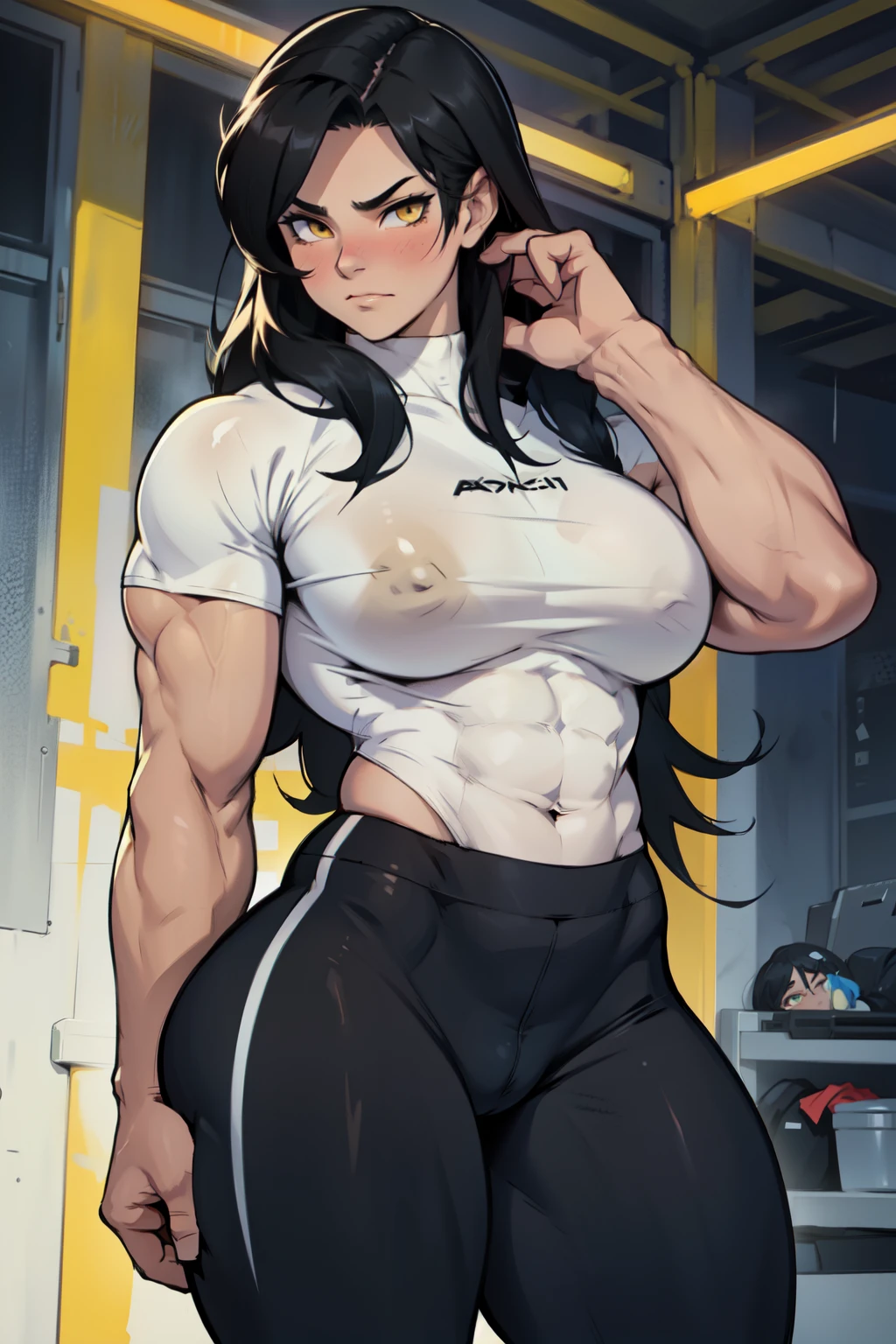 ((1girl)) pale skin large breasts (muscular) toned body thick thighs black hair yellow eyes (long hair) bodybuilder tight shirt blushing (seductive expression)