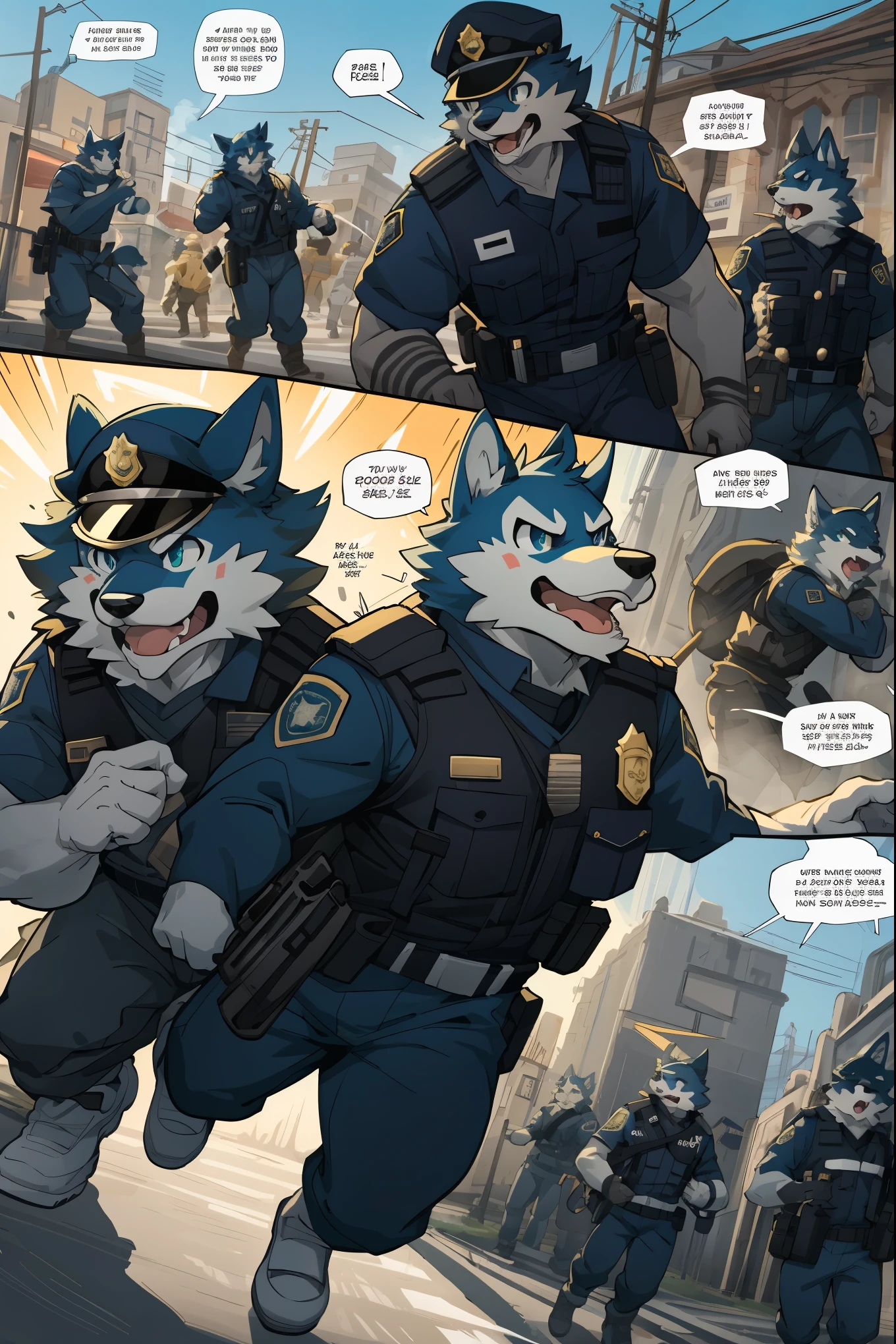 top quality, best quality, highres, masterpiece, super high resolution, detailed background, street, gasping for air(super handsome boys, dog)police officer, swat, police uniform, 6+boys, 6+girls, absurdres(highly detailed beautiful face and eyes)perfect anatomy, good lighting, cinematic shadow(kemono, furry anthro)assorted expressions, assorted poses, assorted angles, full body, upper shot, dynamic angle(boys comic-like panel layouts, speech balloon, English text, Hand-drawn sound effects stickers used in battle comic),