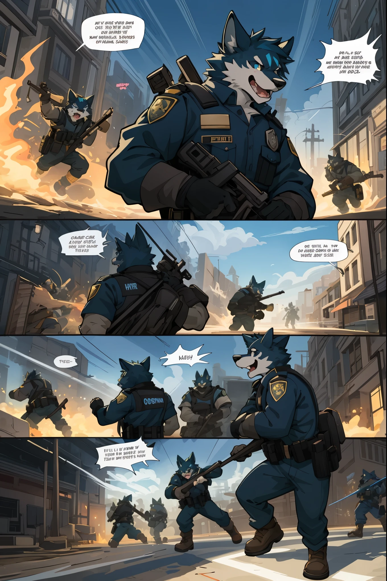 top quality, best quality, highres, masterpiece, super high resolution, detailed background, street, gasping for air(super handsome boys, dog)police officer, swat, police uniform, 6+boys, 6+girls, absurdres(highly detailed beautiful face and eyes)perfect anatomy, good lighting, cinematic shadow(kemono, furry anthro)assorted expressions, assorted poses, assorted angles, full body, upper shot, dynamic angle(boys comic-like panel layouts, speech balloon, English text, Hand-drawn sound effects stickers used in battle comic),