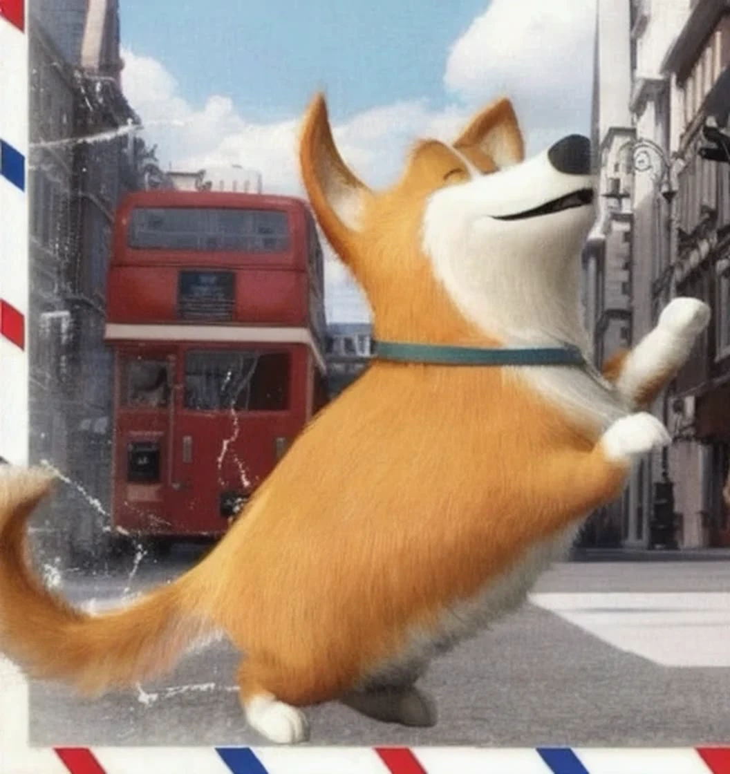 An african dog jumps into the air against the background of a red double-decker bus, depicting a corgis made of fire, corgis with [ Angel wings ]!!, corgis, cute corgis, corgis cosmonaut, still from the Pixar movie, from Pixar, Still from the 2015 Pixar film, half-dog, furraffiniti, Lee Mei-shu