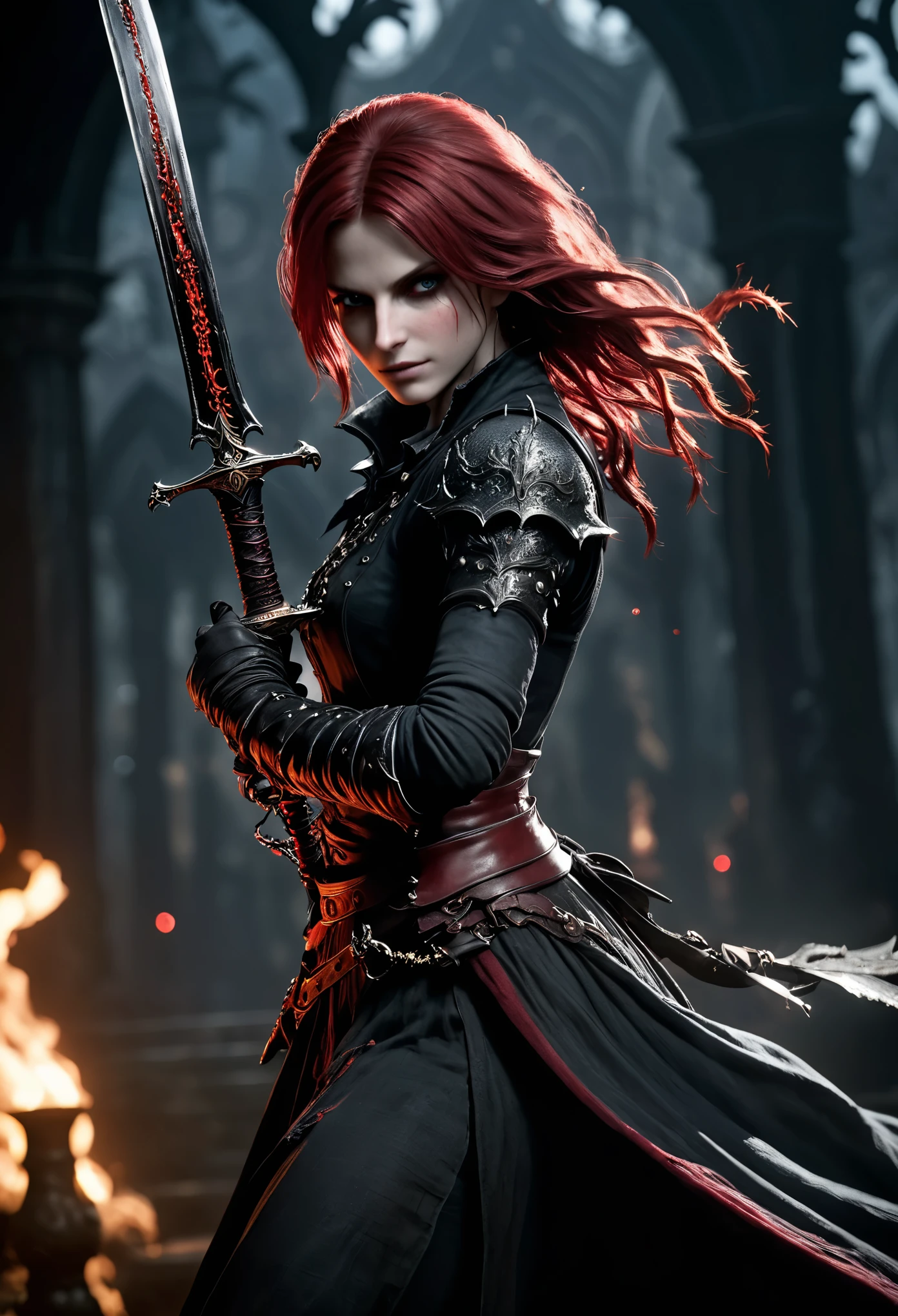 photo shot on Nikon D850, Bloodborne ~ Dark Souls 3 ~ Elden Ring ~ ultra detailed gorgeouswoman with black-red colored hair, dancing with a sword, in a world of black and red, blushing, teasing, Alluring. highly stylized. depth of field, bokeh effect, backlit, stylish, elegant, breathtaking, visually rich, masterpiece, full body shot.