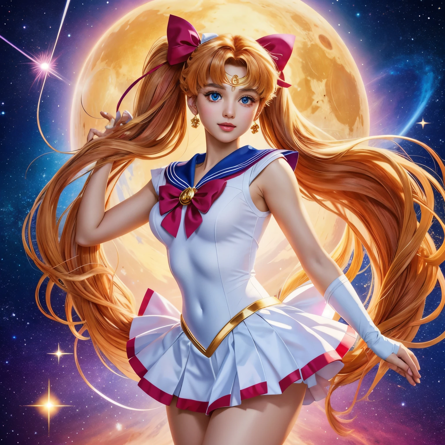 Create a stunning artwork of cute beautiful Sailor Moon with intricate details, vibrant colors, and dynamic poses. Incorporate elements of Sailor Moon's iconic outfit, such as the sailor collar and bow, while showing christmas aspects. Show her in a powerful and confident pose, with mesmerizing eyes and flowing hair. Enhance the image with celestial backgrounds, cosmic effects, and a touch of magic. Ensure the artwork is of the highest quality, with exquisite attention to detail and flawless execution.