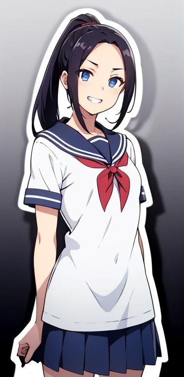 Realistic、1girl、black hair、(forehead:1.3),blue eyes、open stance,(ponytail),(eye focus:1.3,cowboy shot),(gradient eyes:1.3), JK: 1.1,(sailor uniform
)、(grin:1.3),cute face、,(tareme:1.3),(small breasts:1.3),(Colorful splash background of different colors),
