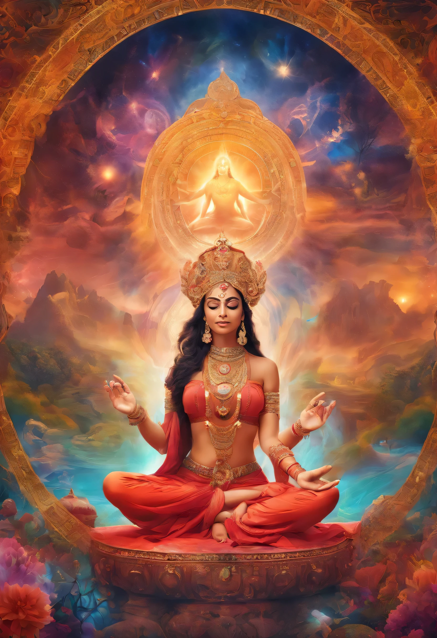 Durga, diosa, 8 brazos, hands stretched in orizontal position, the goddess is meditating with her legs crossed in meditation position.