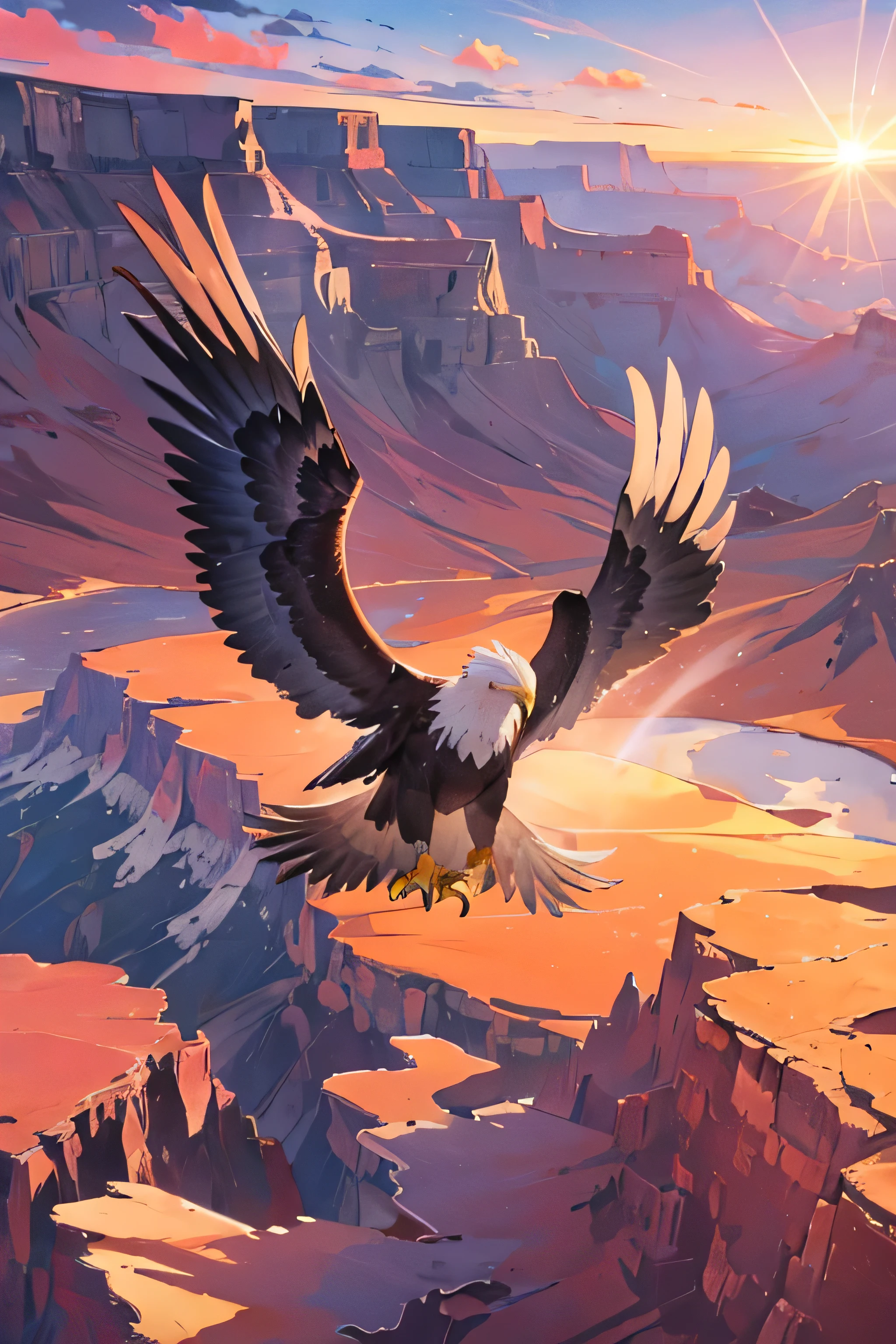 A majestic eagle soaring over the Grand Canyon during a stunning sunset