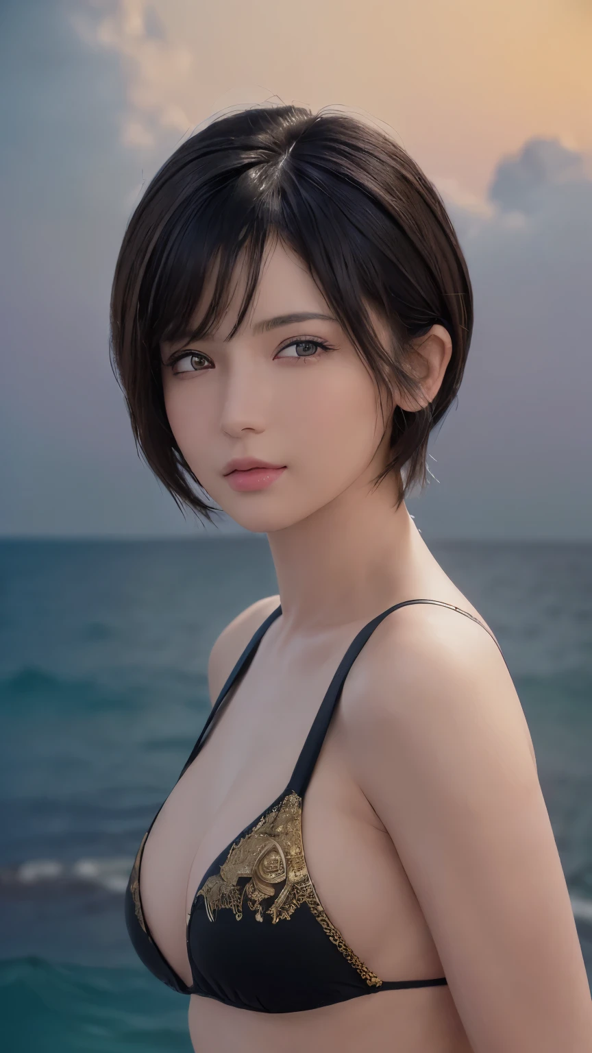 (masterpiece:1.3), (8K, realistic, Raw photo, highest quality: 1.4), (1 girl), beautiful face, (realistic face), (black hair, short hair:1.3), beautiful hairstyle, realistic eyes, detailed and beautiful eyes, (realistic skin), beautiful skin, (bikini), disorganized, Charm, ultra high resolution, surreal, very detailed, golden ratio