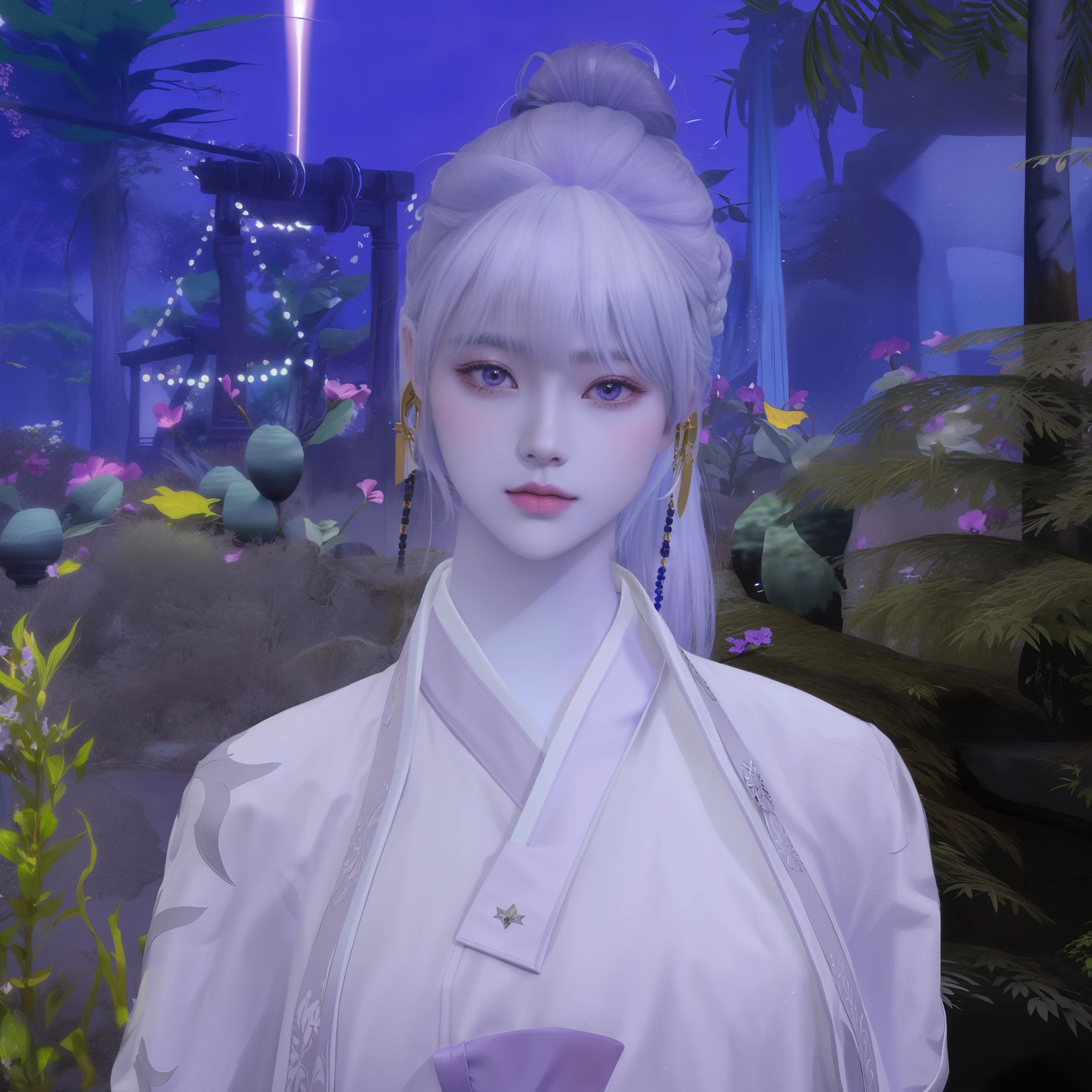 il y a une femme avec des cheveux violets et un haut blanc, avec de longs cheveux blancs, lunar themed outfit, inspiré par Jin Nong, Silver hair (queue de cheval), aux cheveux longs blancs, shikami, white-haired deity, une belle impératrice fantastique, inspired by Sim Sa-jeong, palais ， une fille en hanfu, Inspiré par Huang Ji