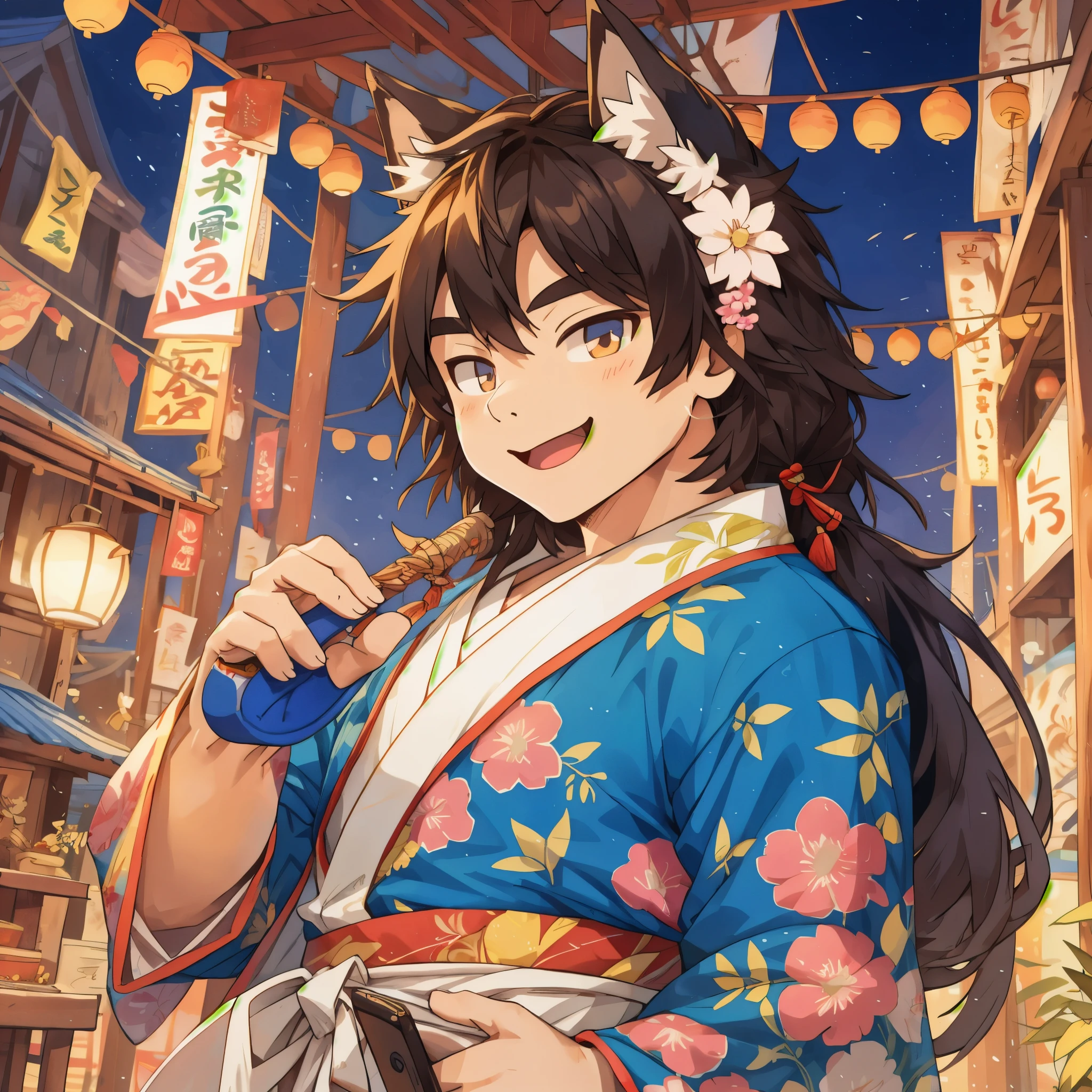 (epic, dynamic angle)top quality, best quality, High-quality illustrations, masterpiece, japanese festival, Stalls, night, festival music, happi coat, yukata(kemono, super handsome 1boy, solo focus)(furry anthro)(highly detailed beautiful face and eyes)absurdres, perfect anatomy, smile, happy, happy, dynamic pose,