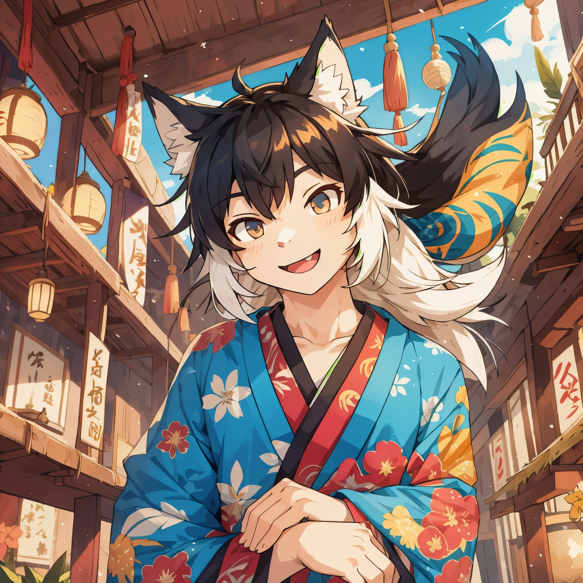 (epic, dynamic angle)top quality, best quality, High-quality illustrations, masterpiece, japanese festival, Stalls, night, festival music, happi coat, yukata(kemono, super handsome 1boy, solo focus)(furry anthro)(highly detailed beautiful face and eyes)absurdres, perfect anatomy, smile, happy, happy, dynamic pose,