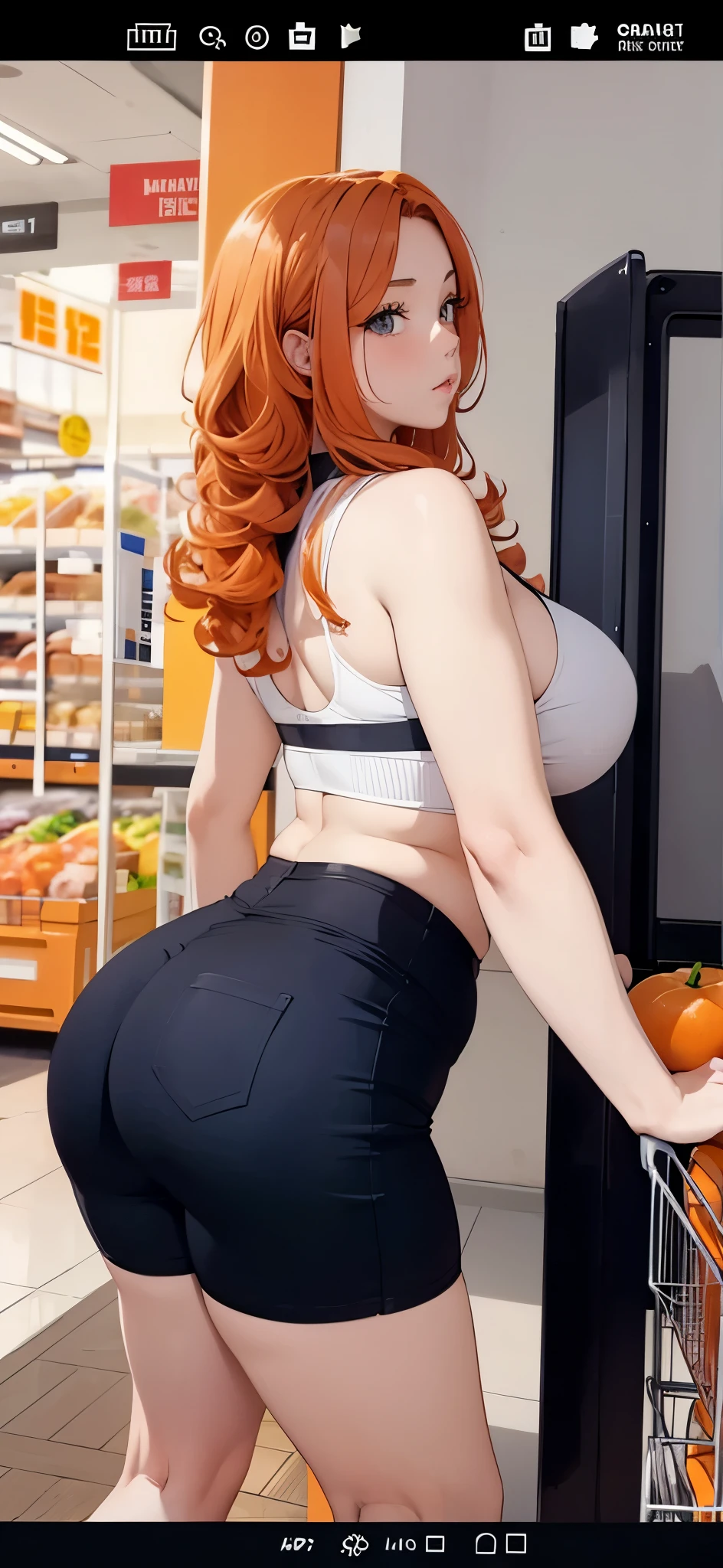 Masterpiece, 1girl, hourglass body, booty shorts, big butt, orange hair, curly hair, curvy, thicc, pushing a shopping cart, supermarket,