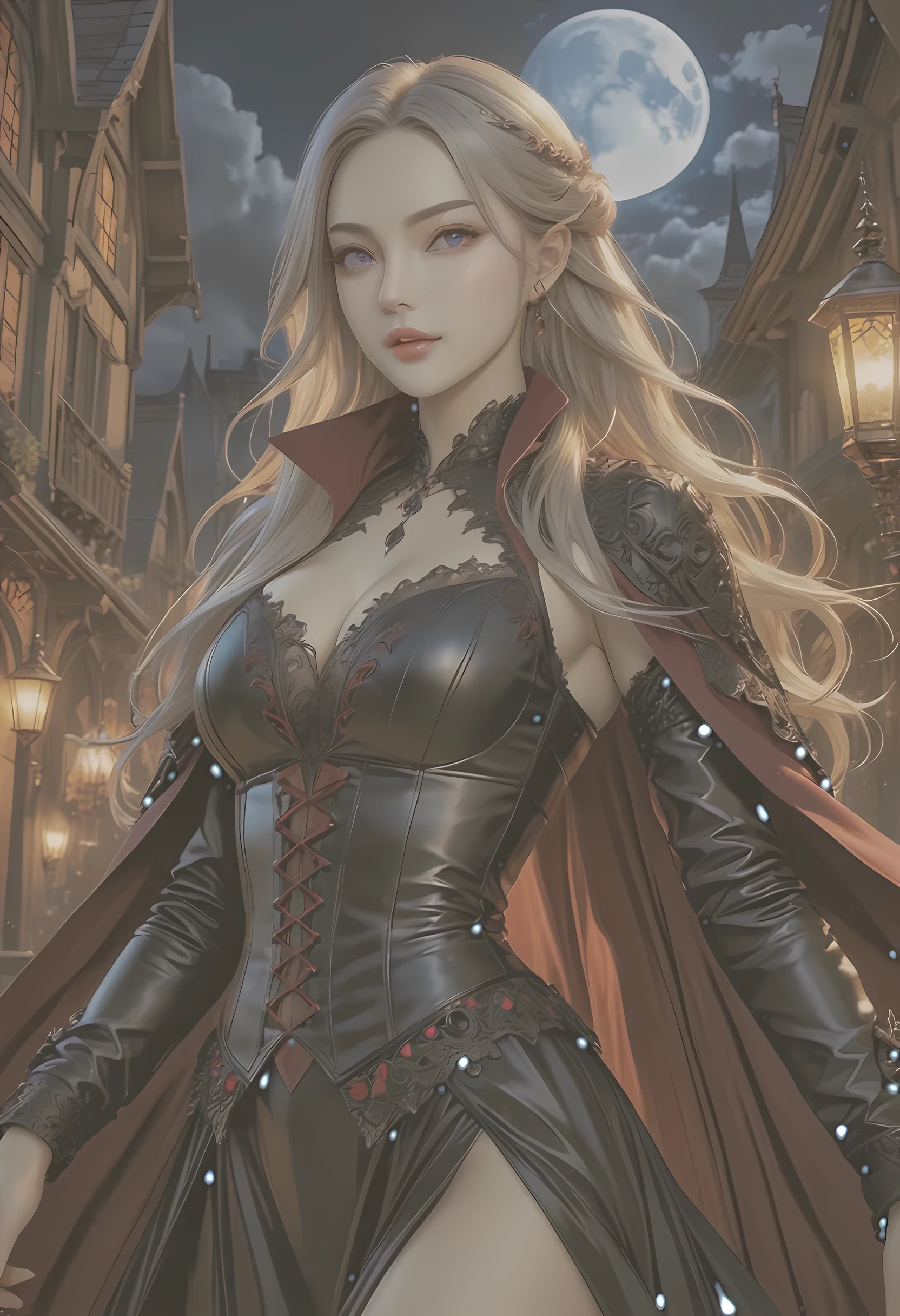 fantasy art, gothic art, (masterpiece:1.5), full body best details, highly detailed, best quality, Glowing Purple, highres, full body portrait of a vampire, elf (Masterpiece, best quality: 1.6), ultra feminine, wizard, (intricate details, Masterpiece, best quality: 1.5) with a long curvy hair, light color hair, blue eyes, (fantasy art, Masterpiece, best quality), ((beautiful delicate face)), Ultra Detailed Face (intricate details, fantasy art, Masterpiece, best quality: 1.5), [[vampiric fangs 1.5]] (red cloak: 1.3) , flowing cloak (intricate details, fantasy art, Masterpiece, best quality: 1.3), wearing an intricate black dress (intricate details, fantasy art, Masterpiece, best quality: 1.5), high heeled boots, urban background (intense details, beat details), fantasy, at night light, natural ,moon light, clouds, gothic atmosphere, soft light, dynamic light, [[anatomically correct]], high details, best quality, 8k, [ultra detailed], masterpiece, best quality, (extremely detailed), dynamic angle