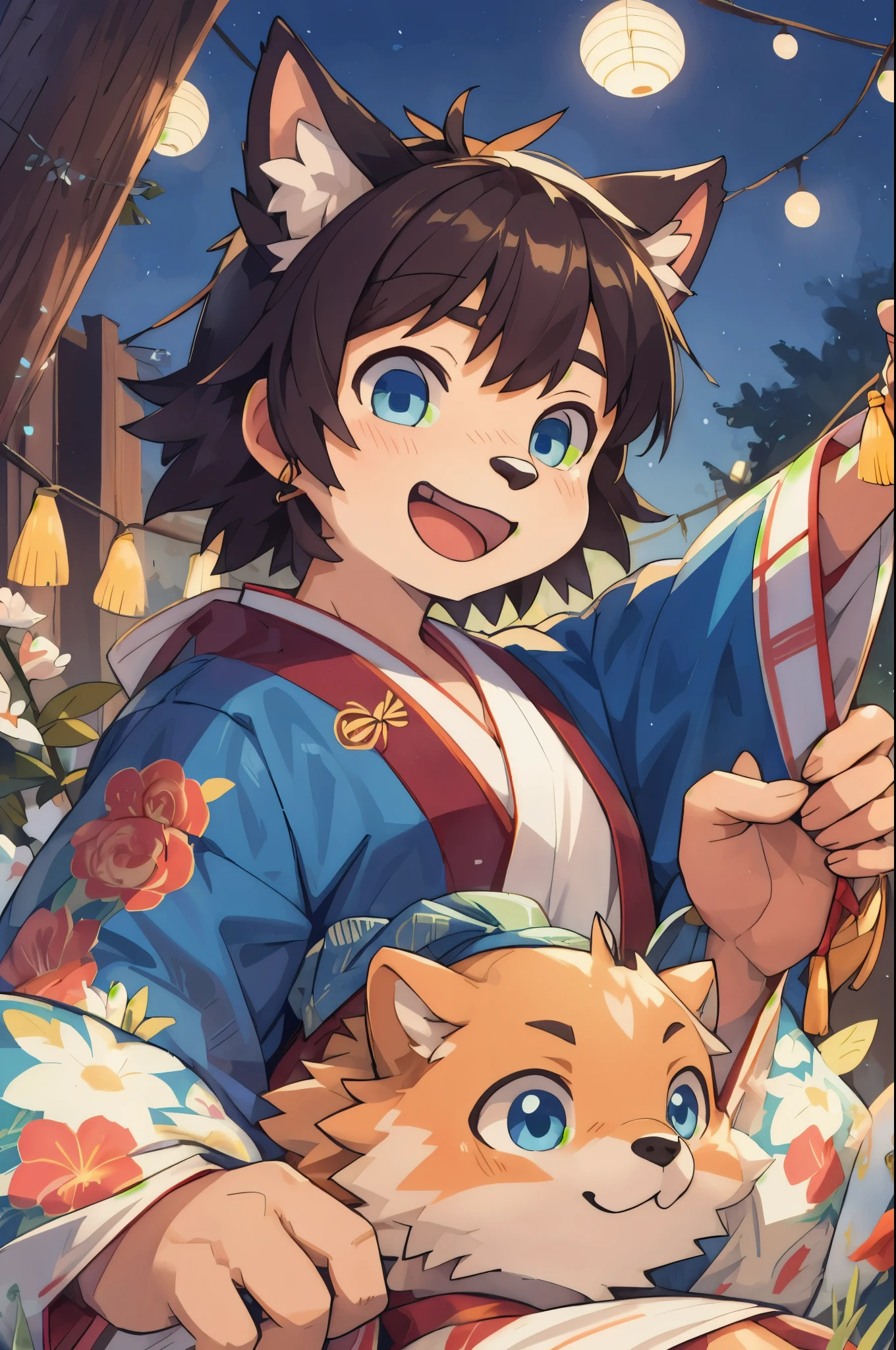(epic, dynamic angle)top quality, best quality, High-quality illustrations, masterpiece,  japanese festival, Stalls, night, festival music, happi coat, yukata(kemono, super handsome 1boy, solo focus)(furry anthro)(highly detailed beautiful face and eyes)absurdres, perfect anatomy, smile, happy, happy, dynamic pose,