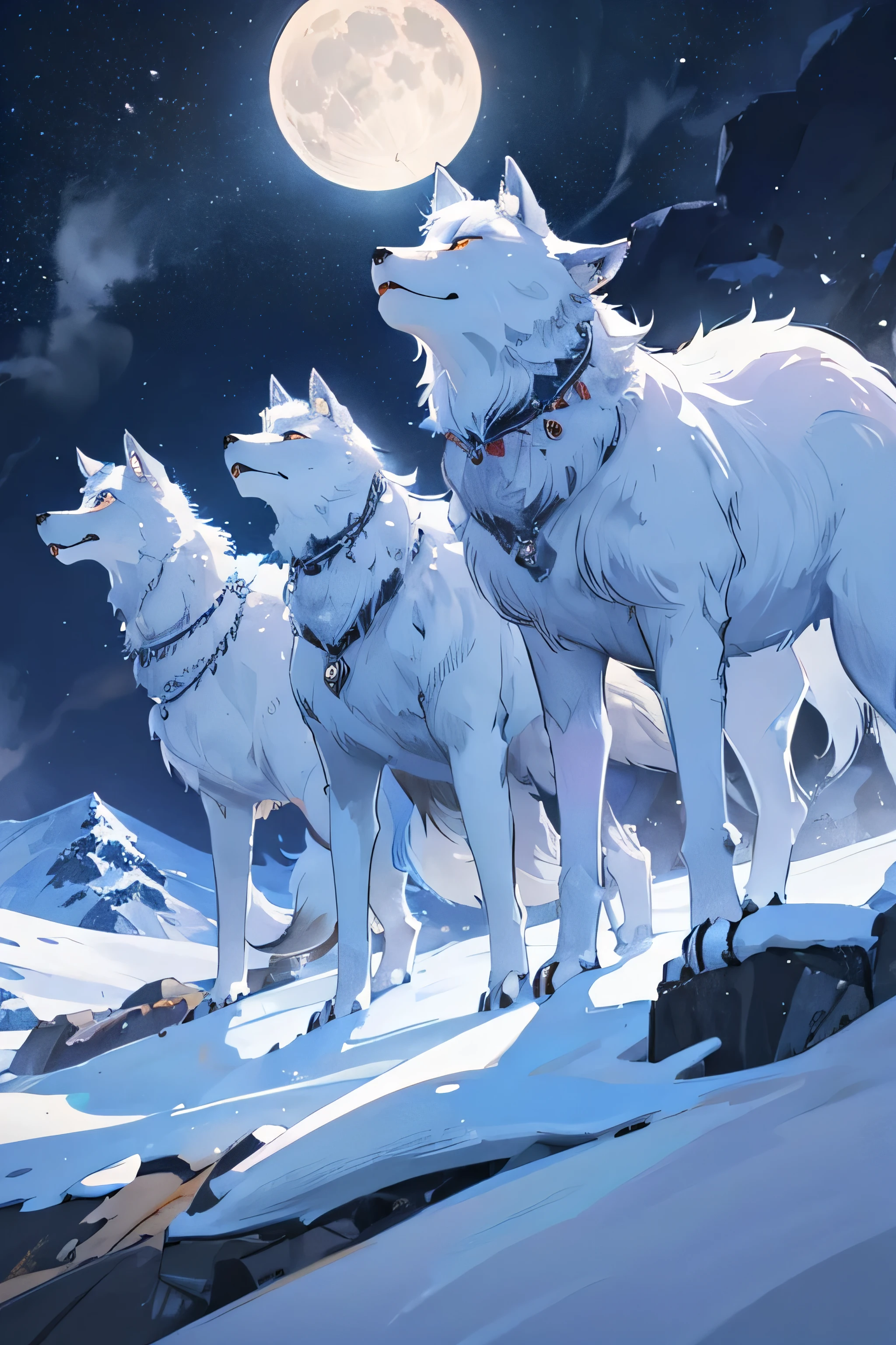 A pack of wolves howling at the moon on a snowy mountain ridge.