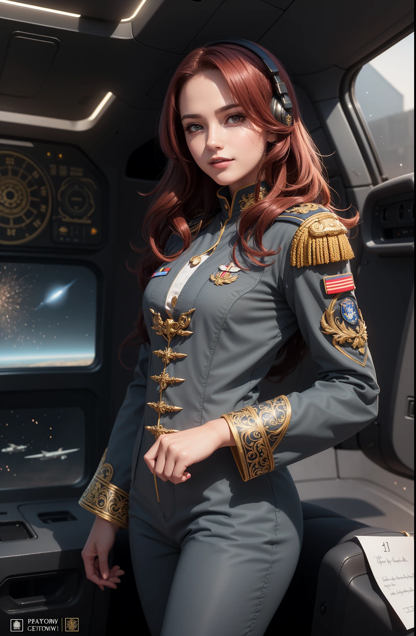 Modest outfit, remote shot, detailed beautiful delicate face, detailed beautiful delicate eyes, perfect facial proportions, high-definition skin, fine skin, four-inch best ratio. With one thumb, a masterpiece, highly detailed, realistic, (World War II German general uniform reference : 1.8), the highest face resolution, adult, modestly dressed woman, dressed entirely, ( small, black hair, black straight bangs, super fine braids, straight bangs, red glasses, dark green eyes), future, science fiction, fighter plane, standing On the landing of a fighter plane, the government agency, a deep intelligent personality, a calm expression, a respectful face, a war, a fighter plane