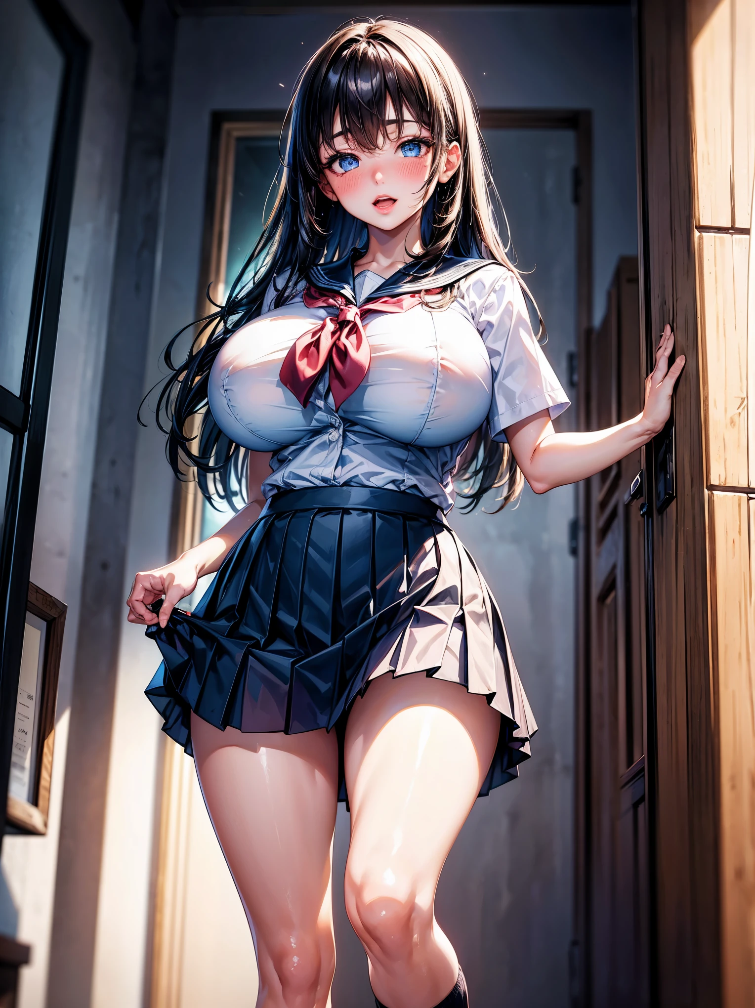 photo-realistic, masterpiece, ultra-detailed, best quality, extremely detailed, 4k, 8k, ultra-high res, 1girl, 17yo, beautiful girl, perfect face, detailed face, face focus, clear-cut beauty, perfect eyes, cute eyes, deep detailed eyes, (shiny light blue beautiful eyes with reflections), inviting smile, (narrowed eyes:1.3), open mouth, ((cute lips)), (blush:1.2), shiny-black hair, long straight floating-hair, serahuku, school sailor uniform, (pleated mini skirt), (???????????), Break, (open sailor shirt), shoot from below, looking at viewer, skirt-lift both hands, ????????, skirt flipped, standing, beautiful legs, school stairs,