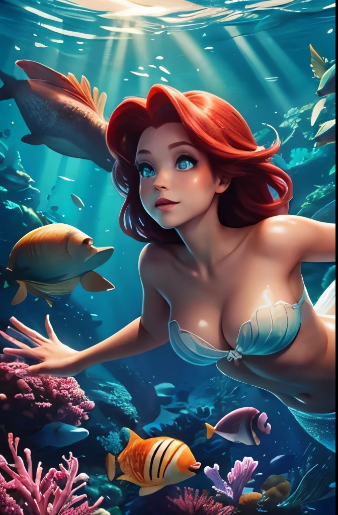 ariel the little mermaid, loose cherry hair, white skin, big fabulous eyes, shell bra, scuba diving, underwater world, seabed, beautiful starfish, corals, algae, sunlight, transparent blue water, hyperdetalization, photorealism, glare, sun rays, glow, 32k