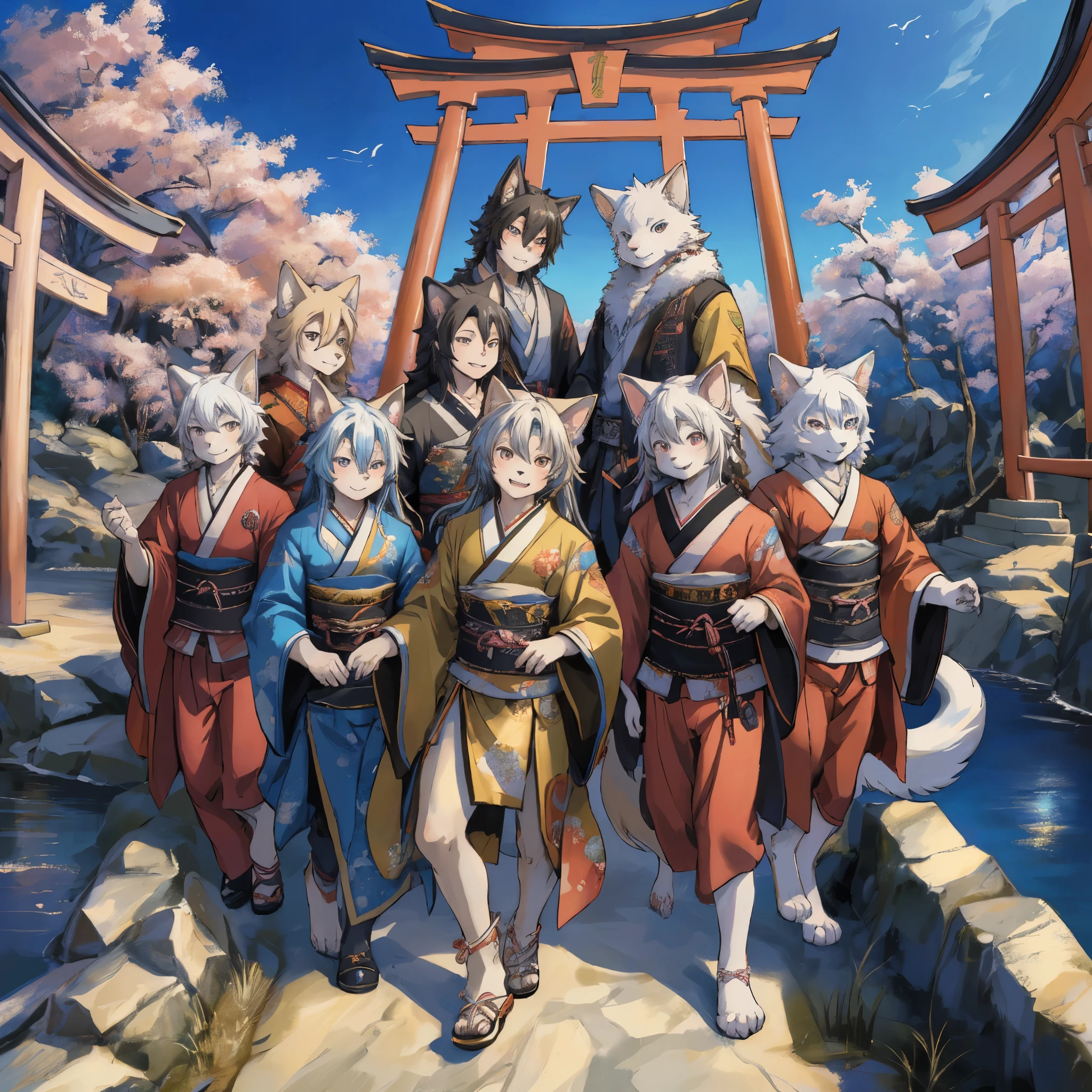 dynamic angle, top quality, best quality, High-quality illustrations, masterpiece, super high resolution, detailed background, detailed background, Stylish CD jacket, Japanese rock band, torii gate, group shot:0.1, 6+boys, 6+girls, Happy, joyful, absurdres(highly detailed beautiful face and eyes)perfect anatomy(kemono, furry anthro),