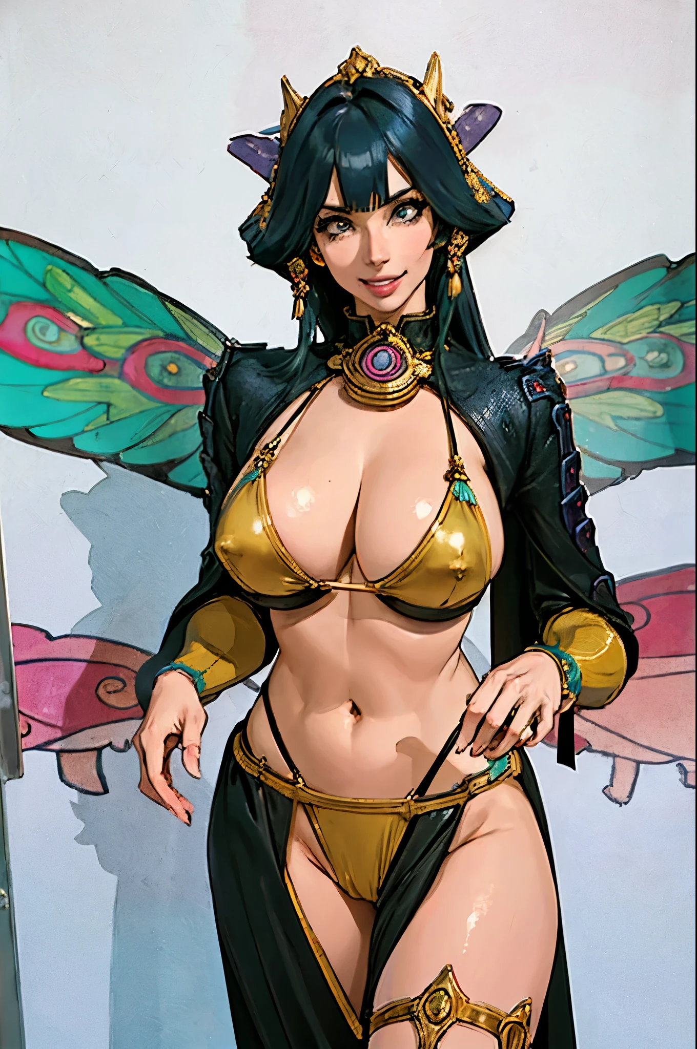 Big-breasted girl with a full view of her pussy,Vibrant poses,Arcaniic smile,(tape bikini)),(Mucha in the background)