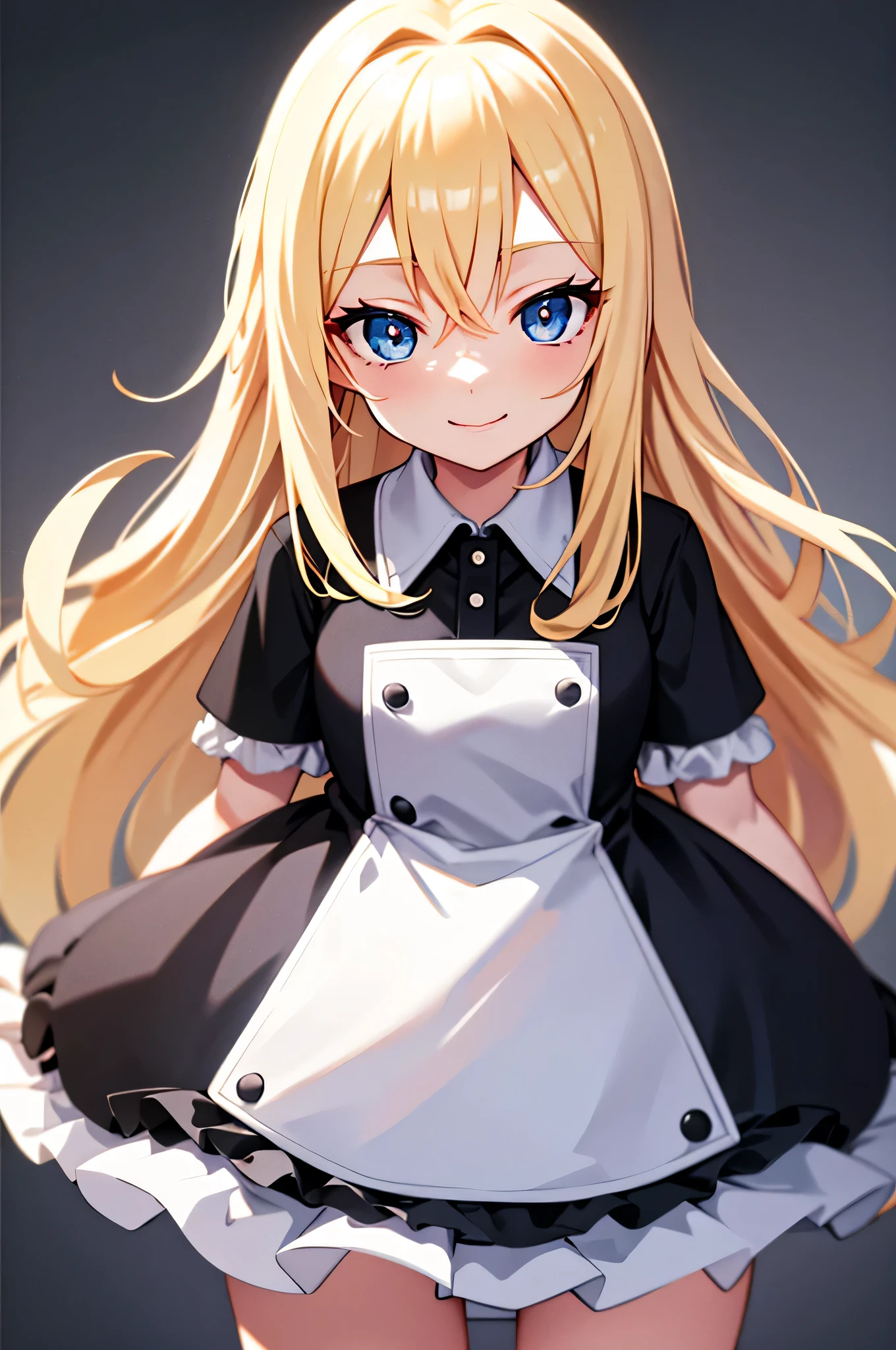 smile,  Cafe , blonde , long hair , blue eyes, looking at the viewer, cowboy shot,  Are standing,  1 girl, upright , No pose,simple background,black and white clothes , take no pose