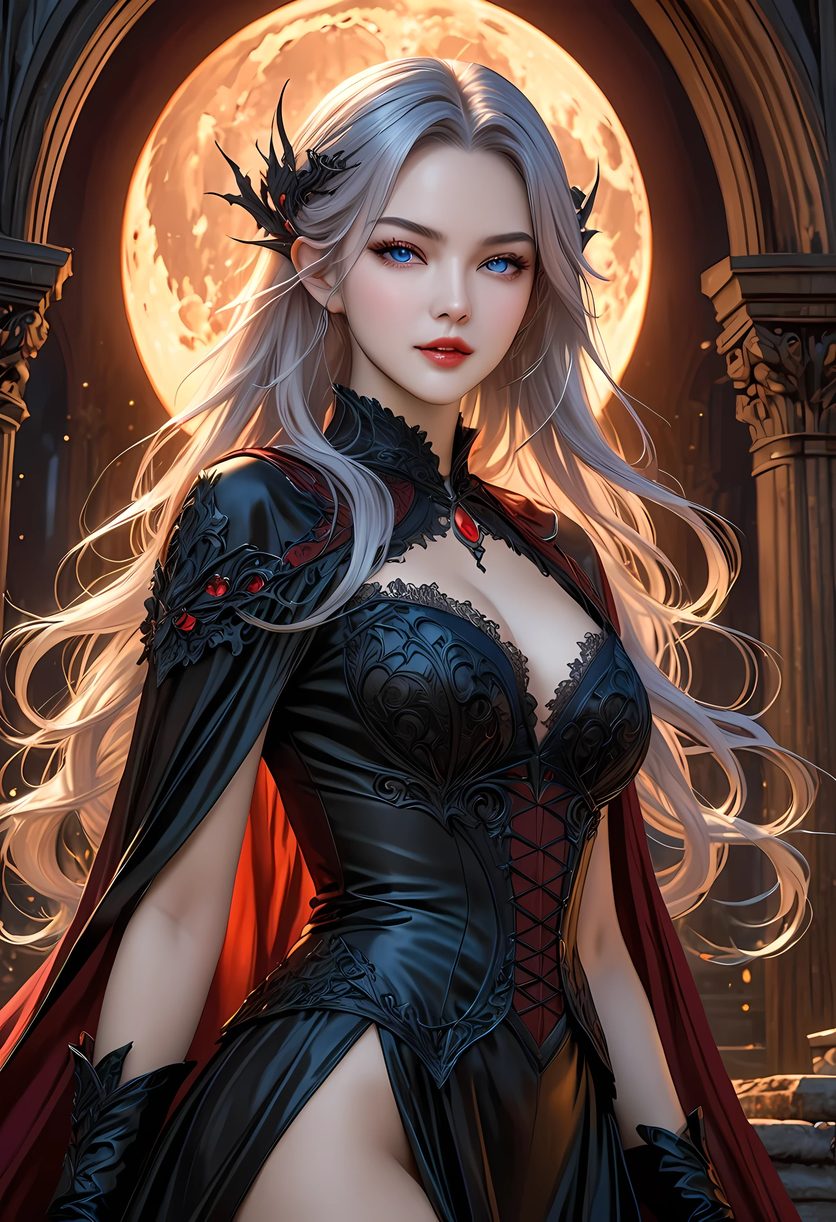 fantasy art, gothic art, (masterpiece:1.5), full body best details, highly detailed, best quality, Glowing Purple, highres, full body portrait of a vampire, elf (Masterpiece, best quality: 1.6), ultra feminine, wizard, (intricate details, Masterpiece, best quality: 1.5) with a long curvy hair, light color hair, blue eyes, (fantasy art, Masterpiece, best quality), ((beautiful delicate face)), Ultra Detailed Face (intricate details, fantasy art, Masterpiece, best quality: 1.5), [[vampiric fangs 1.5]] (red cloak: 1.3) , flowing cloak (intricate details, fantasy art, Masterpiece, best quality: 1.3), wearing an intricate black dress (intricate details, fantasy art, Masterpiece, best quality: 1.5), high heeled boots, urban background (intense details, beat details), fantasy, at night light, natural ,moon light, clouds, gothic atmosphere, soft light, dynamic light, [[anatomically correct]], high details, best quality, 8k, [ultra detailed], masterpiece, best quality, (extremely detailed), dynamic angle