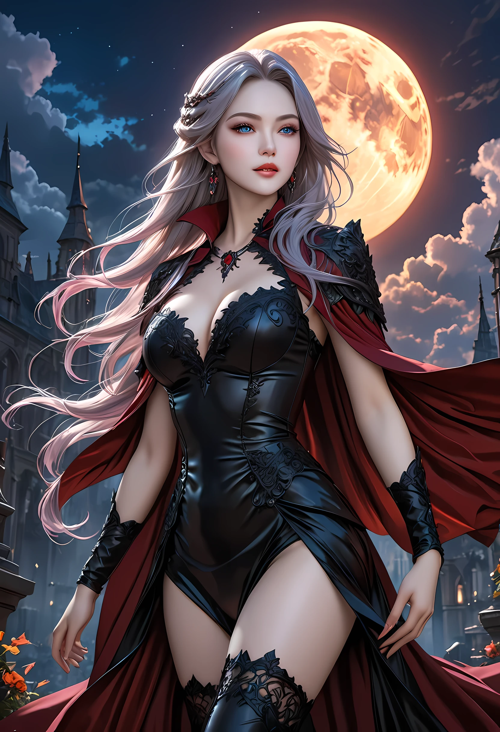 fantasy art, gothic art, (masterpiece:1.5), full body best details, highly detailed, best quality, Glowing Purple, highres, full body portrait of a vampire, elf (Masterpiece, best quality: 1.6), ultra feminine, wizard, (intricate details, Masterpiece, best quality: 1.5) with a long curvy hair, light color hair, blue eyes, (fantasy art, Masterpiece, best quality), ((beautiful delicate face)), Ultra Detailed Face (intricate details, fantasy art, Masterpiece, best quality: 1.5), [[vampiric fangs 1.5]] (red cloak: 1.3) , flowing cloak (intricate details, fantasy art, Masterpiece, best quality: 1.3), wearing an intricate black dress (intricate details, fantasy art, Masterpiece, best quality: 1.5), high heeled boots, urban background (intense details, beat details), fantasy, at night light, natural ,moon light, clouds, gothic atmosphere, soft light, dynamic light, [[anatomically correct]], high details, best quality, 8k, [ultra detailed], masterpiece, best quality, (extremely detailed), dynamic angle