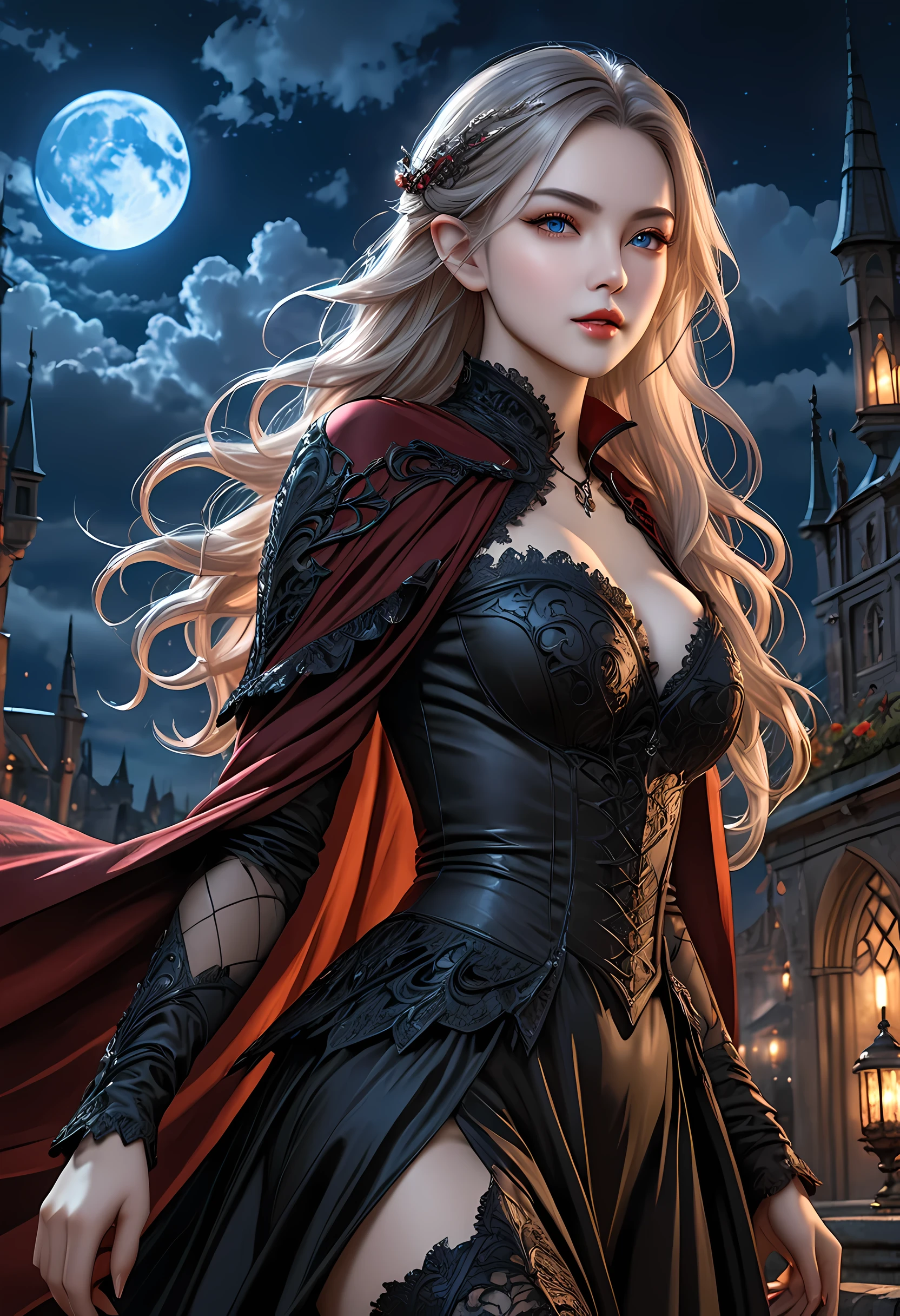 fantasy art, gothic art, (masterpiece:1.5), full body best details, highly detailed, best quality, Glowing Purple, highres, full body portrait of a vampire, elf (Masterpiece, best quality: 1.6), ultra feminine, wizard, (intricate details, Masterpiece, best quality: 1.5) with a long curvy hair, light color hair, blue eyes, (fantasy art, Masterpiece, best quality), ((beautiful delicate face)), Ultra Detailed Face (intricate details, fantasy art, Masterpiece, best quality: 1.5), [[vampiric fangs 1.5]] (red cloak: 1.3) , flowing cloak (intricate details, fantasy art, Masterpiece, best quality: 1.3), wearing an intricate black dress (intricate details, fantasy art, Masterpiece, best quality: 1.5), high heeled boots, urban background (intense details, beat details), fantasy, at night light, natural ,moon light, clouds, gothic atmosphere, soft light, dynamic light, [[anatomically correct]], high details, best quality, 8k, [ultra detailed], masterpiece, best quality, (extremely detailed), dynamic angle