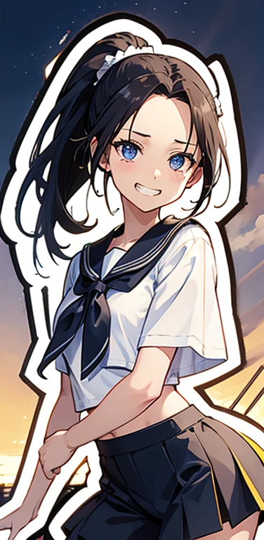 Realistic、1girl、black hair、(forehead:1.3),blue eyes、open stance,(ponytail),(eye focus:1.3,cowboy shot),(gradient eyes:1.3), JK: 1.1,(sailor uniform
)、(grin:1.3),cute face、,(tareme:1.3),(small breasts:1.3),(Colorful splash background of different colors1.3),
