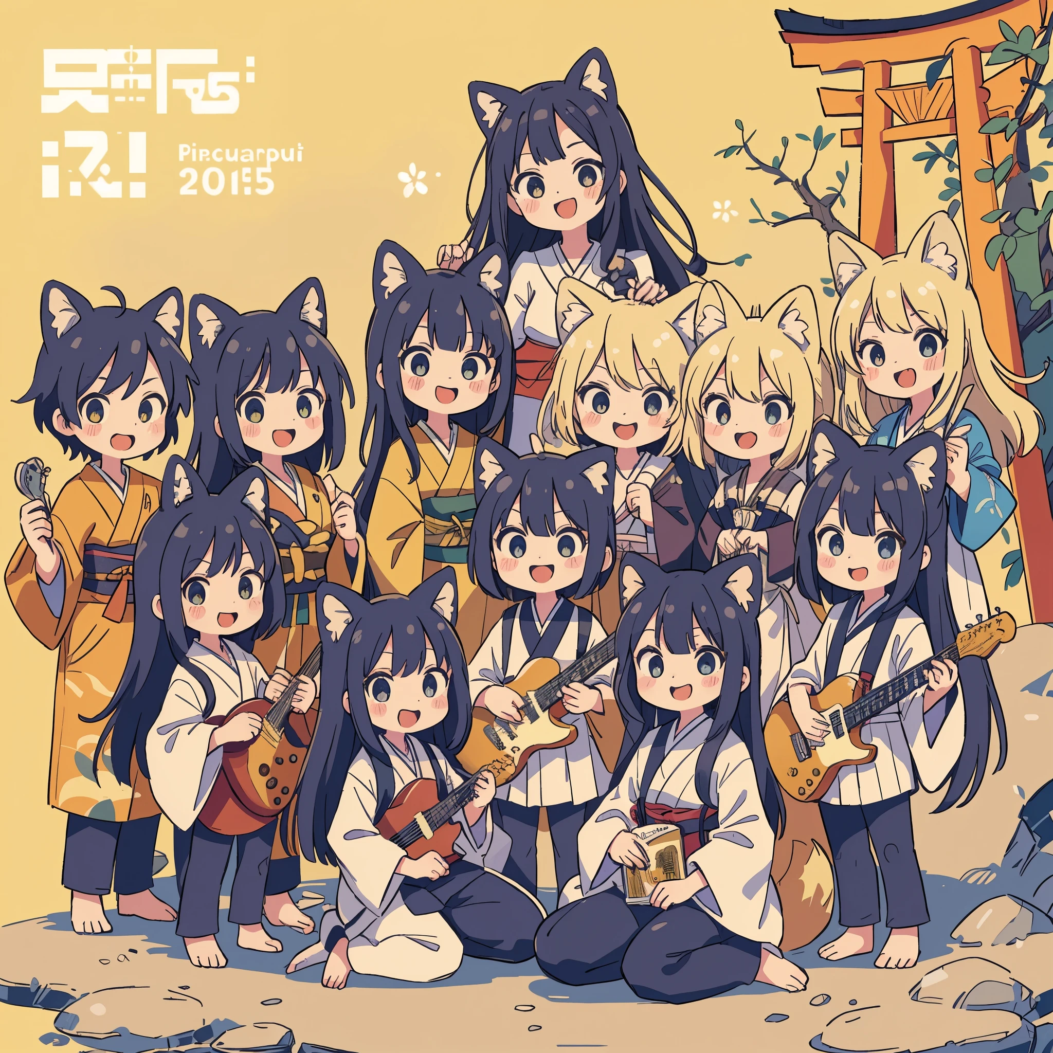 dynamic angle, top quality, best quality, High-quality illustrations, masterpiece, super high resolution, detailed background, detailed background, Stylish CD jacket, Japanese rock band, torii gate, group shot:0.1, 6+boys, 6+girls, Happy, joyful, absurdres(highly detailed beautiful face and eyes)perfect anatomy(kemono, furry anthro),