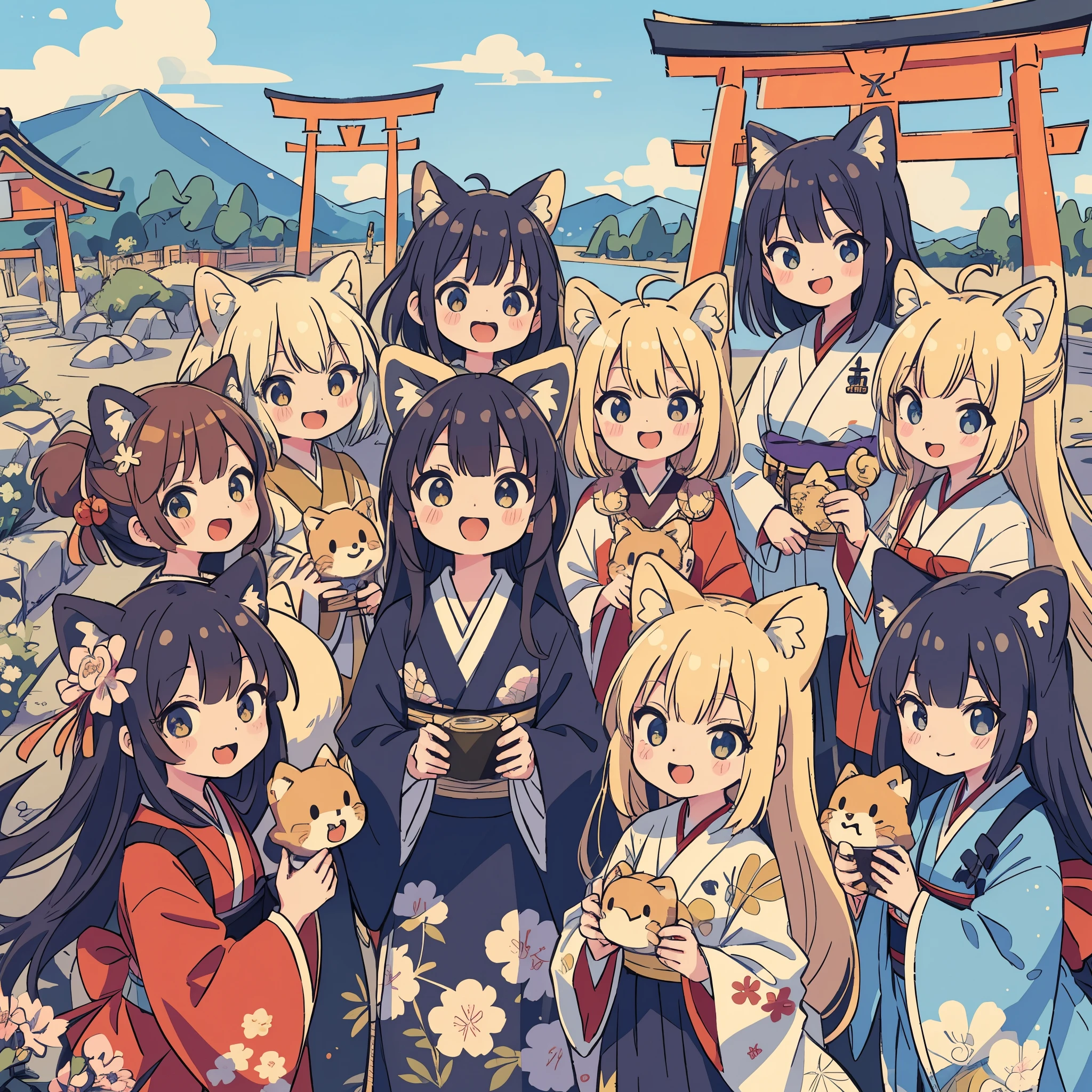dynamic angle, top quality, best quality, High-quality illustrations, masterpiece, super high resolution, detailed background, detailed background, Stylish CD jacket, Japanese rock band, torii gate, group shot:0.1, 6+boys, 6+girls, Happy, joyful, absurdres(highly detailed beautiful face and eyes)perfect anatomy(kemono, furry anthro),