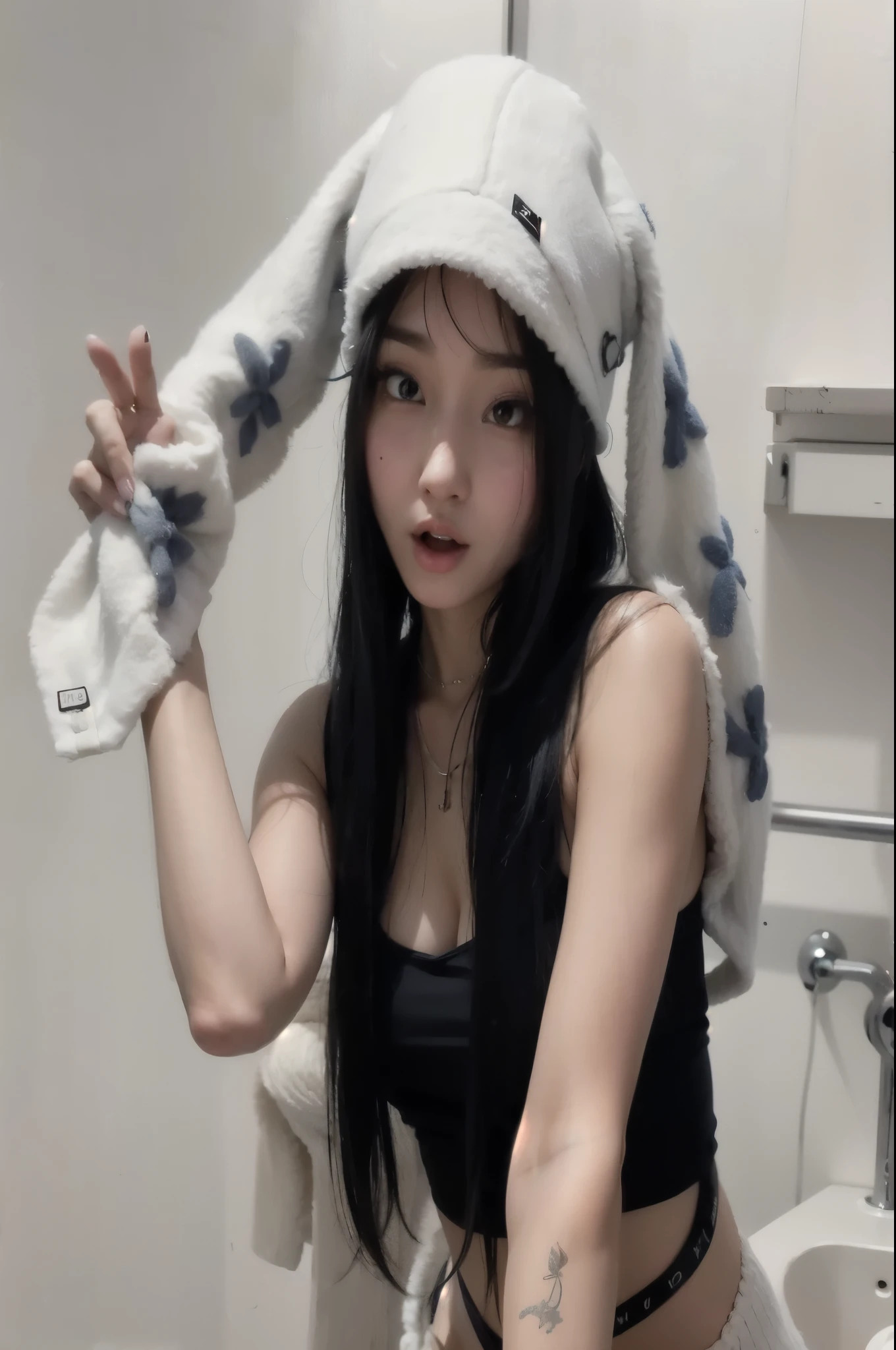 araffe girl in a black top and a white towel, with long floppy rabbit ears, ulzzang, with bunny ears, ultrarealistic sweet bunny girl, shikamimi, with big rabbit ears, with bunny rabbit ears, wearing a cute hat, kanliu666, 19-year-old girl, sakimichan, bunny girl, ariana grande 