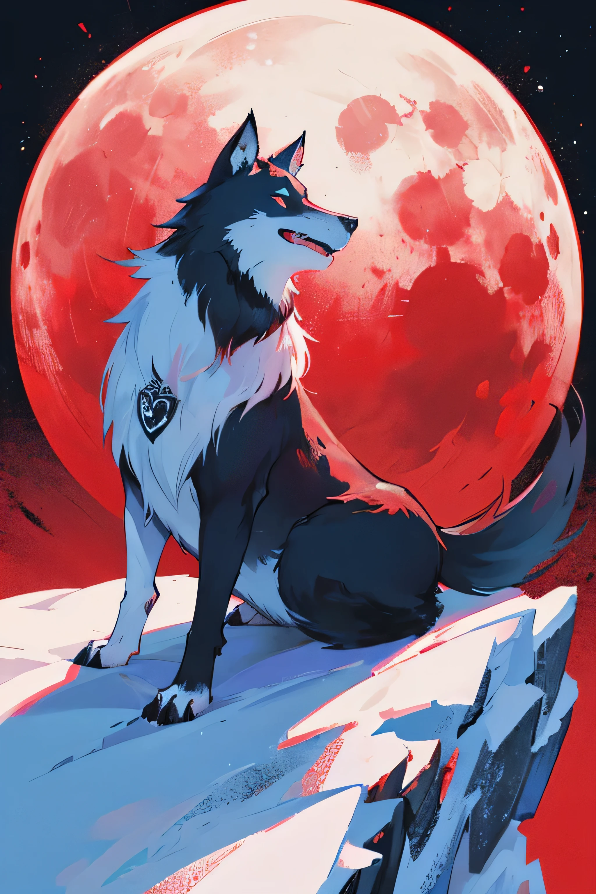 A wolve howling at the moon on a snowy mountain ridge with red theme