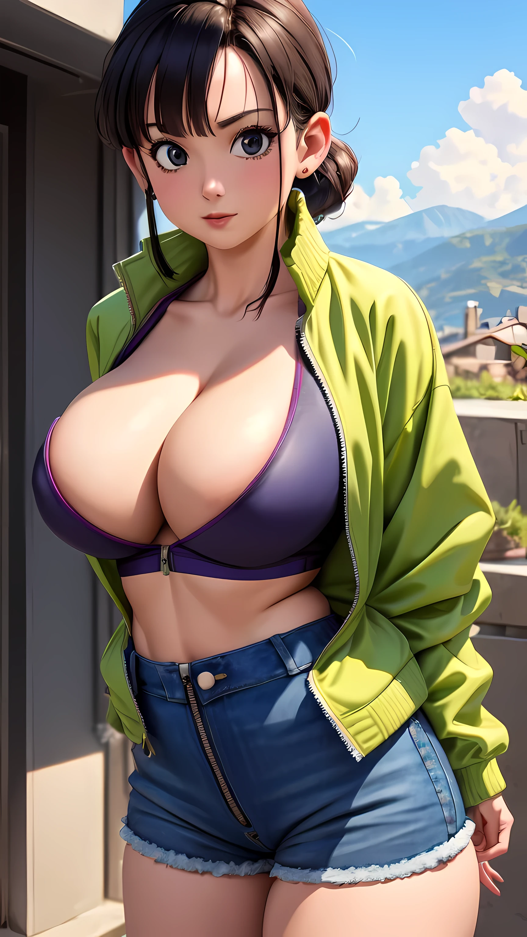 (Photo:1.3), highdetail, Chi-Chi, 1girl, black shirt, white tank top, blouse, cleavage, collarbone, denim, denim shorts, jacket, long sleeves, ((open clothes)), open jacket, partially unzipped, blue jacket, shirt, short shorts, shorts, tank top, track jacket, unzipped, ((large breasts, big hips, tight clothes, cleavage, looking at the viewer)), (abs:0.8), BLUSHED, UNDERBOOB (realistic:1.2), (realism), (masterpiece:1.2), (best quality), (ultra detailed), (8k, 4k, intricate),(85mm),light particles, lighting, (highly detailed:1.2),(detailed face:1.2), (gradients), colorful,(detailed eyes:1.2),(detailed background),detailed landscape, (dynamic angle:1.2), (rule of third_composition:1.3), (Line of action:1.2)