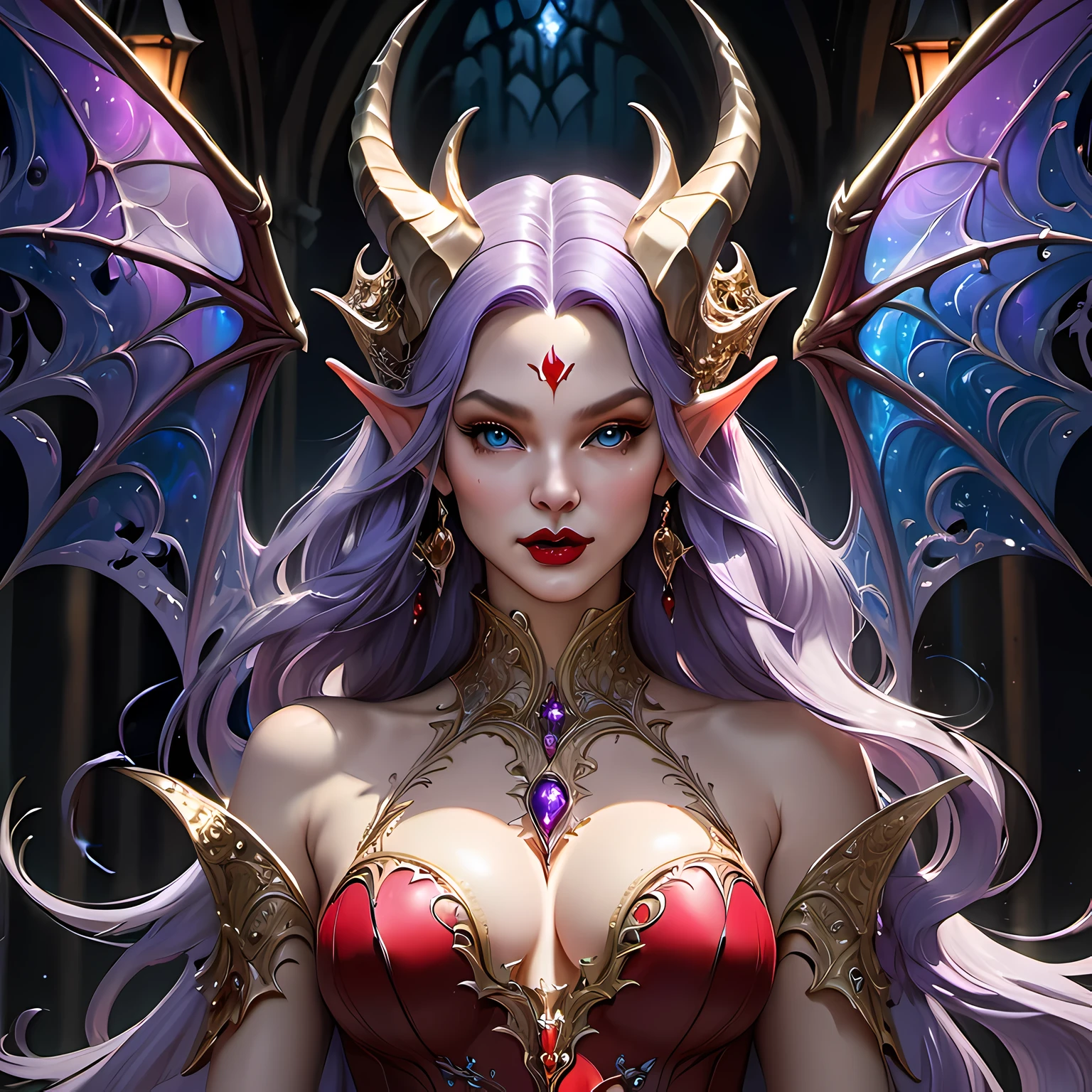 fantasy art, gothic art, (masterpiece:1.5), full body best details, highly detailed, best quality, Glowing Purple, highres, full body portrait of a vampire, elf (Masterpiece, best quality: 1.6), ultra feminine, wizard, (intricate details, Masterpiece, best quality: 1.5) with a long curvy hair, light color hair, blue eyes, (fantasy art, Masterpiece, best quality), ((beautiful delicate face)), Ultra Detailed Face (intricate details, fantasy art, Masterpiece, best quality: 1.5), [[vampiric fangs 1.5]] (red cloak: 1.3) , flowing cloak (intricate details, fantasy art, Masterpiece, best quality: 1.3), wearing an intricate black dress (intricate details, fantasy art, Masterpiece, best quality: 1.5), high heeled boots, urban background (intense details, beat details), fantasy, at night light, natural ,moon light, clouds, gothic atmosphere, soft light, dynamic light, [[anatomically correct]], high details, best quality, 8k, [ultra detailed], masterpiece, best quality, (extremely detailed), dynamic angle