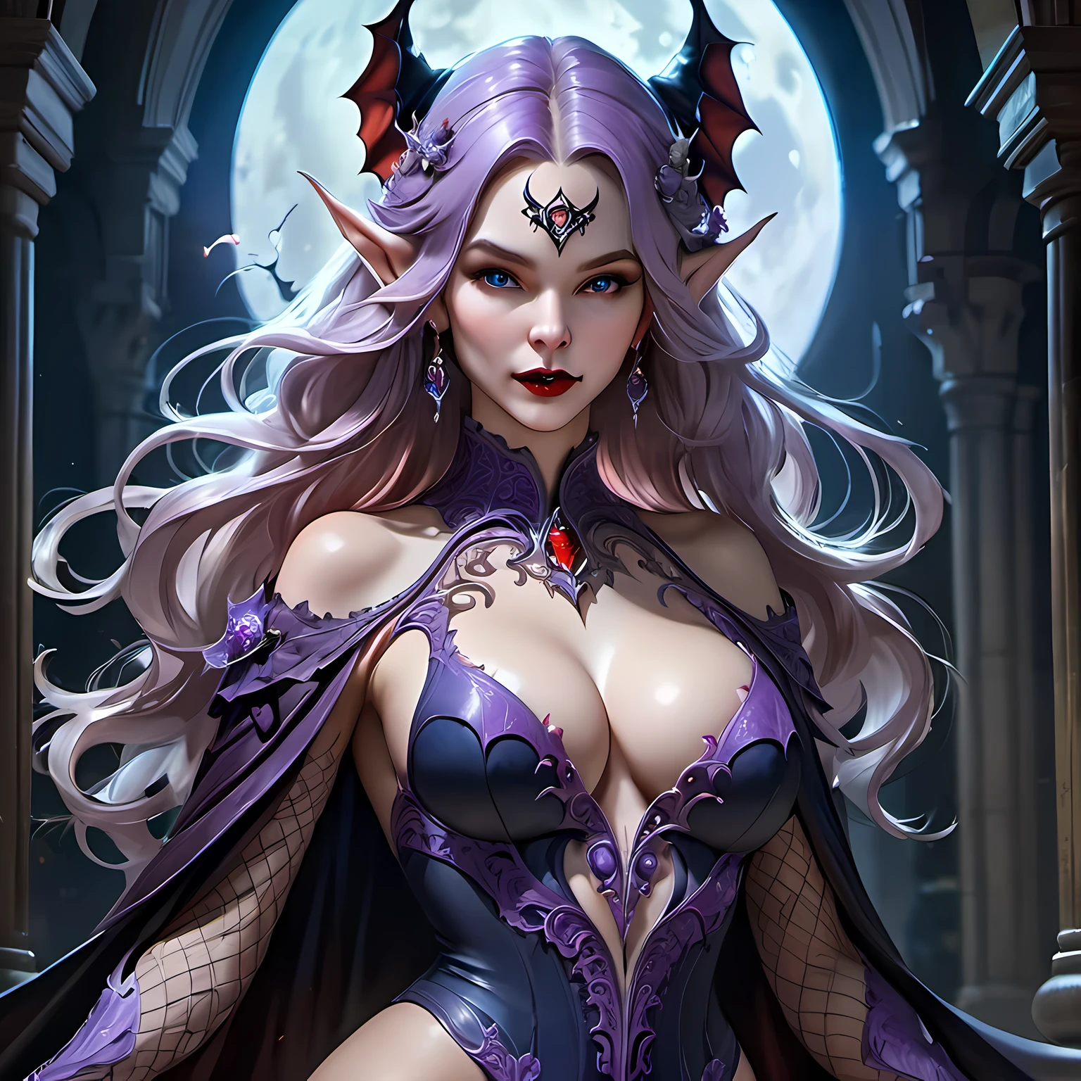 fantasy art, gothic art, (masterpiece:1.5), full body best details, highly detailed, best quality, Glowing Purple, highres, full body portrait of a vampire, elf (Masterpiece, best quality: 1.6), ultra feminine, wizard, (intricate details, Masterpiece, best quality: 1.5) with a long curvy hair, light color hair, blue eyes, (fantasy art, Masterpiece, best quality), ((beautiful delicate face)), Ultra Detailed Face (intricate details, fantasy art, Masterpiece, best quality: 1.5), [[vampiric fangs 1.5]] (red cloak: 1.3) , flowing cloak (intricate details, fantasy art, Masterpiece, best quality: 1.3), wearing an intricate black dress (intricate details, fantasy art, Masterpiece, best quality: 1.5), high heeled boots, urban background (intense details, beat details), fantasy, at night light, natural ,moon light, clouds, gothic atmosphere, soft light, dynamic light, [[anatomically correct]], high details, best quality, 8k, [ultra detailed], masterpiece, best quality, (extremely detailed), dynamic angle