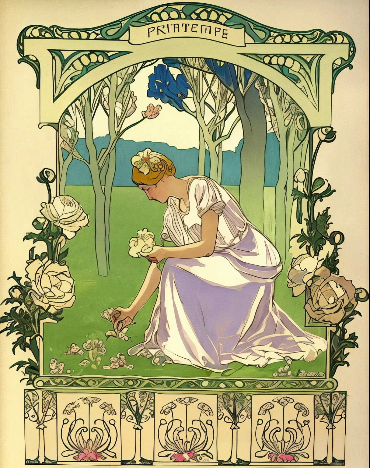 a painting of a woman kneeling down in a garden with flowers, by Eugène Grasset, art noveau painting, art nouveau illustration, eugene grasset, art nouveau painting, elegant art nouveau style, modern art noveau, ( art nouveau ), (art nouveau), art nouveau aesthetic, in an art nouveau style, inspired by Eugène Grasset