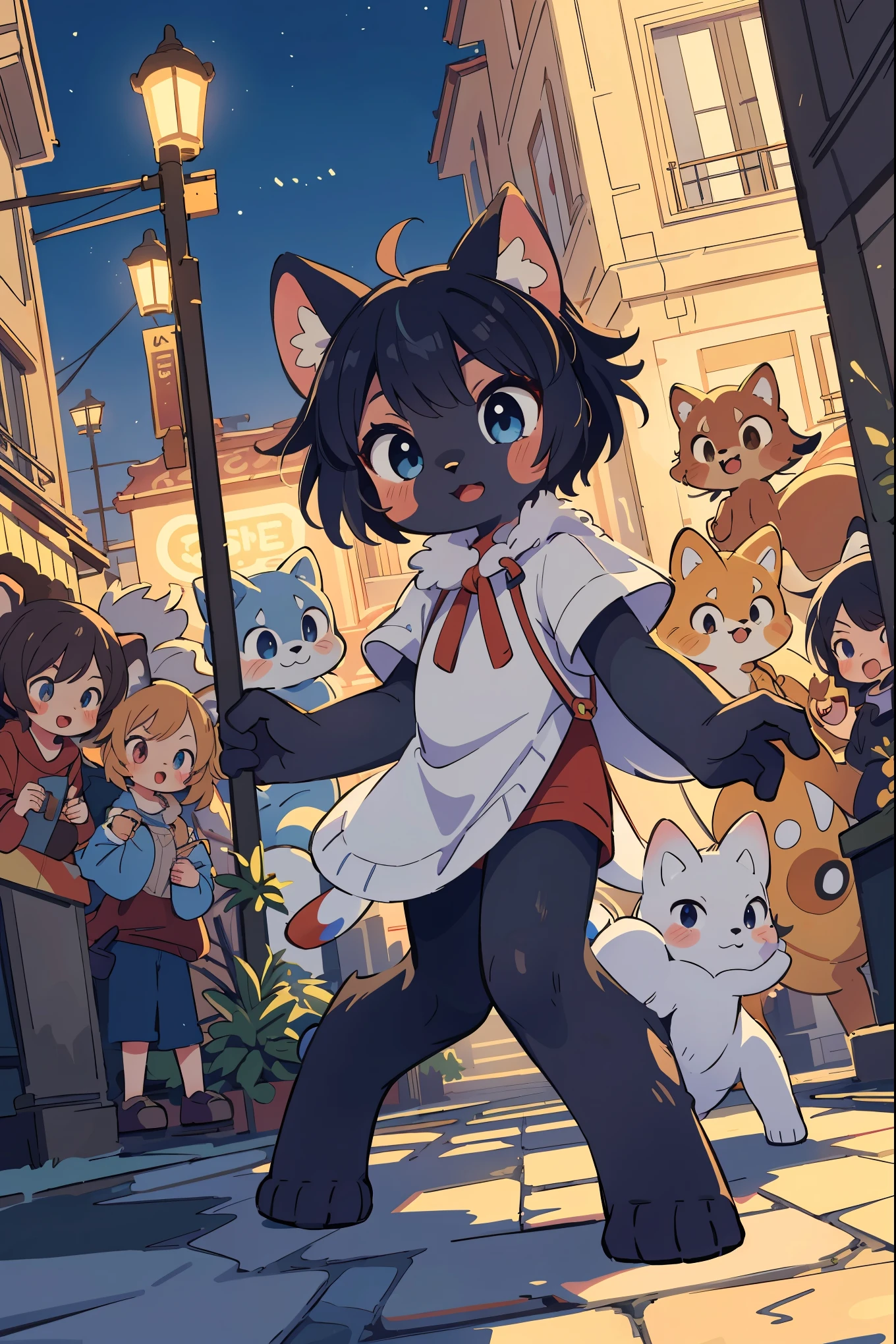 top quality, best quality, High-quality illustrations, masterpiece, super high resolution, detailed background, Streets of Paris, The fountain, 6+boys, 6+girls, absurdres(highly detailed beautiful face and eyes)perfect anatomy, expression, good lighting, cinematic shadow(kemono, furry anthro)assorted poses, dynamic angle,