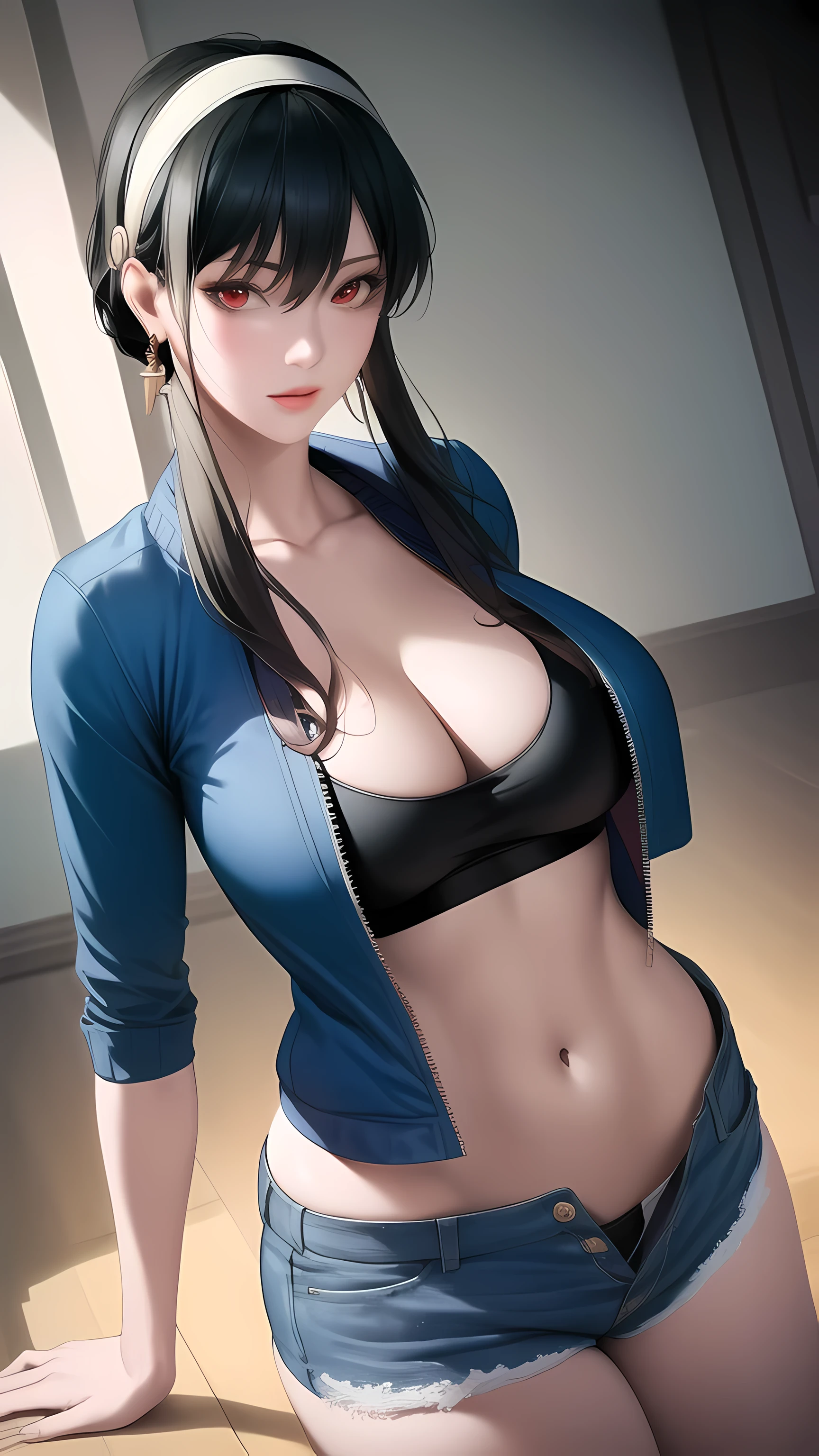 , full body, (masterpiece), (best quality), ultra high res, ultra detailed, detailed eyes, intricate, 1girl, looking at viewer, bbyorf, short hair with long locks, gold hairband, red eyes, gold earrings, large breasts, black shirt, white tank top, blouse, cleavage, collarbone, denim, denim shorts, jacket, long sleeves, ((open clothes)), open jacket, partially unzipped, blue jacket, shirt, short shorts, shorts, tank top, track jacket, unzipped, ((large breasts, big hips, tight clothes, cleavage, looking at the viewer)), (abs:0.8), BLUSHED, UNDERBOOB (realistic:1.2), (realism), (masterpiece:1.2), (best quality), (ultra detailed), (8k, 4k, intricate),(85mm),light particles, lighting, (highly detailed:1.2),(detailed face:1.2), (gradients), colorful,(detailed eyes:1.2),(detailed background),detailed landscape, (dynamic angle:1.2), (rule of third_composition:1.3), (Line of action:1.2)