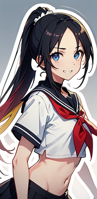 Realistic、1girl、black hair、(forehead:1.3),blue eyes、open stance,(ponytail),(eye focus:1.3,upper body),(gradient eyes:1.3), JK: 1.1,(sailor uniform
)、(grin:1.3),cute face、,(tareme:1.3),(small breasts:1.3),(colorful fluorescence multicolored background of different colors1.3),
